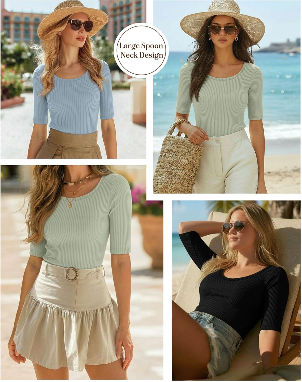 Ficerd 3 Pack Women's Half Sleeve Tops Ribbed Elbow Length Shirts Scoop Neck Slim Fit Summer Basic Tee Trendy Casual Blouses - Image 6