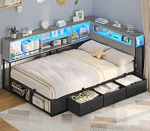 ADORNEVE Twin Corner Bed Frame with Bookcase Storage, LED Light Headboard, Charging Station, and Open Cubbies - Black & Oak Grey