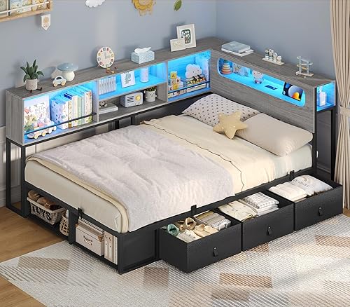 ADORNEVE Twin Corner Bed Frame with Bookcase Storage & LED