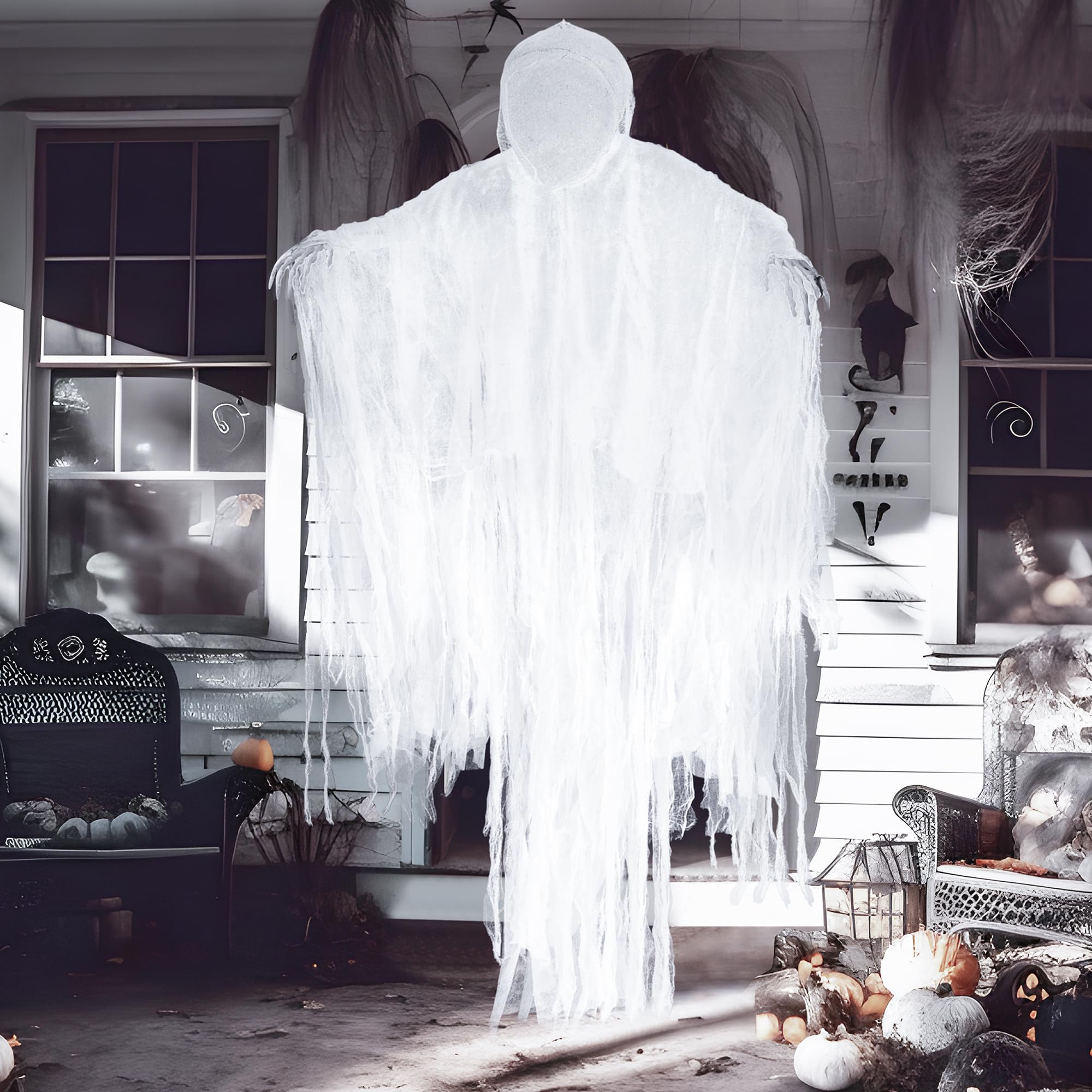 JOYIN Wiszący ponury żniwiarz 160 cm, duch bez twarzy w kolorze białym na Halloween, dekoracje wewnętrzne/zewnętrzne, dekoracja nawiedzonego domu, trawnik, wiszące dekoracje na podwórko