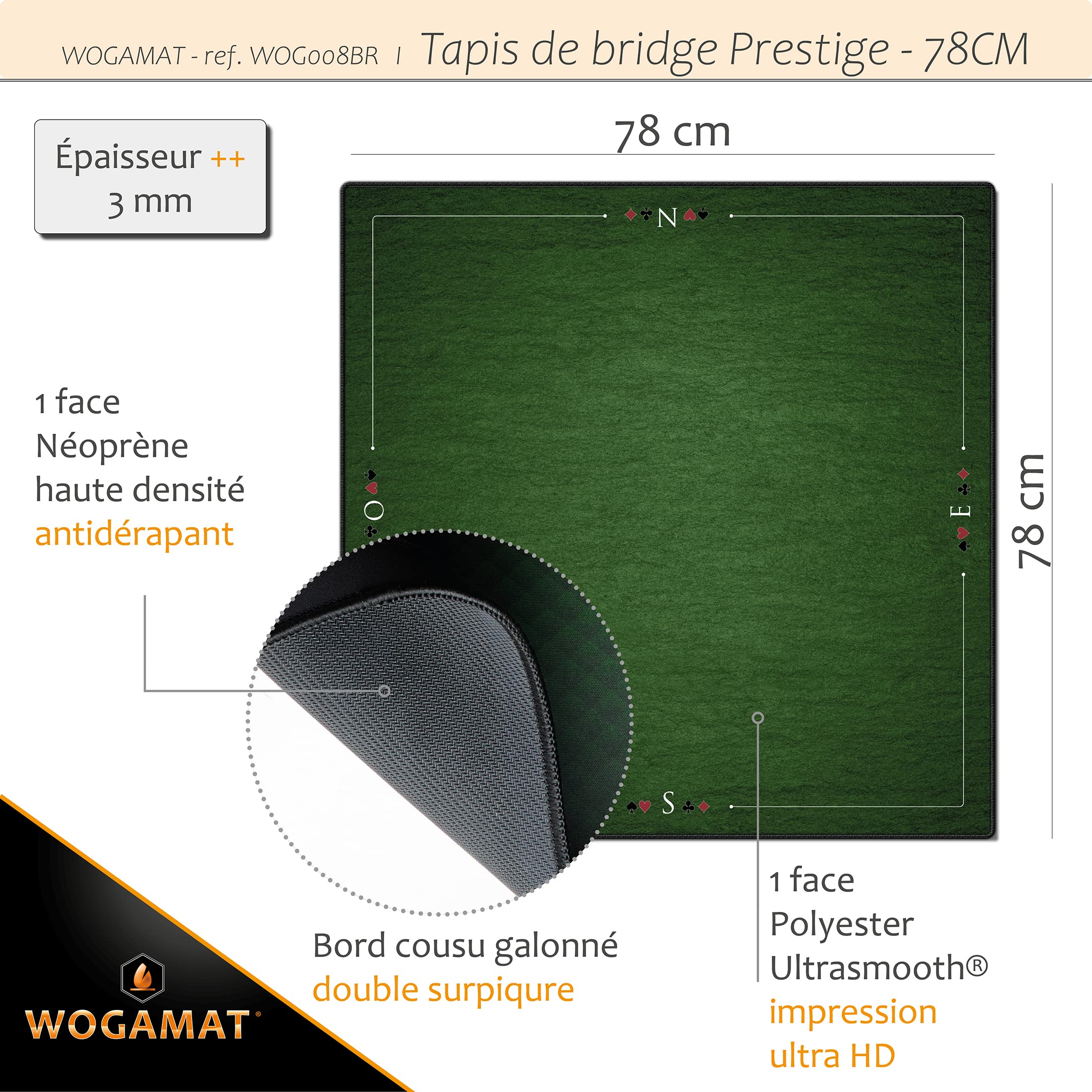 WOGAMAT Officiel - Tapis Bridge 78 X 78 Cm - Professionnel Et Luxe – Neoprene Epais Antiderapant sur Tout Type De Surface –Glisse des Cartes Parfaite - s'adapte sur Tables de Bridge