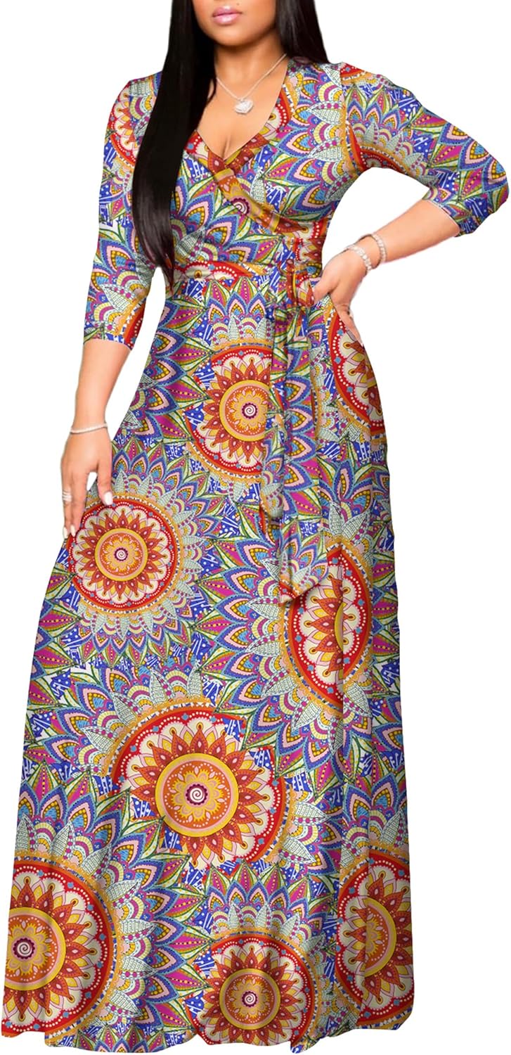 AOMONI Women's Floral Print Maxi Dresses Summer with Pockets Casual 3 4 Sleeve V-Neck Wrap Tie Waist Long Dress, M-3XL - Image 4