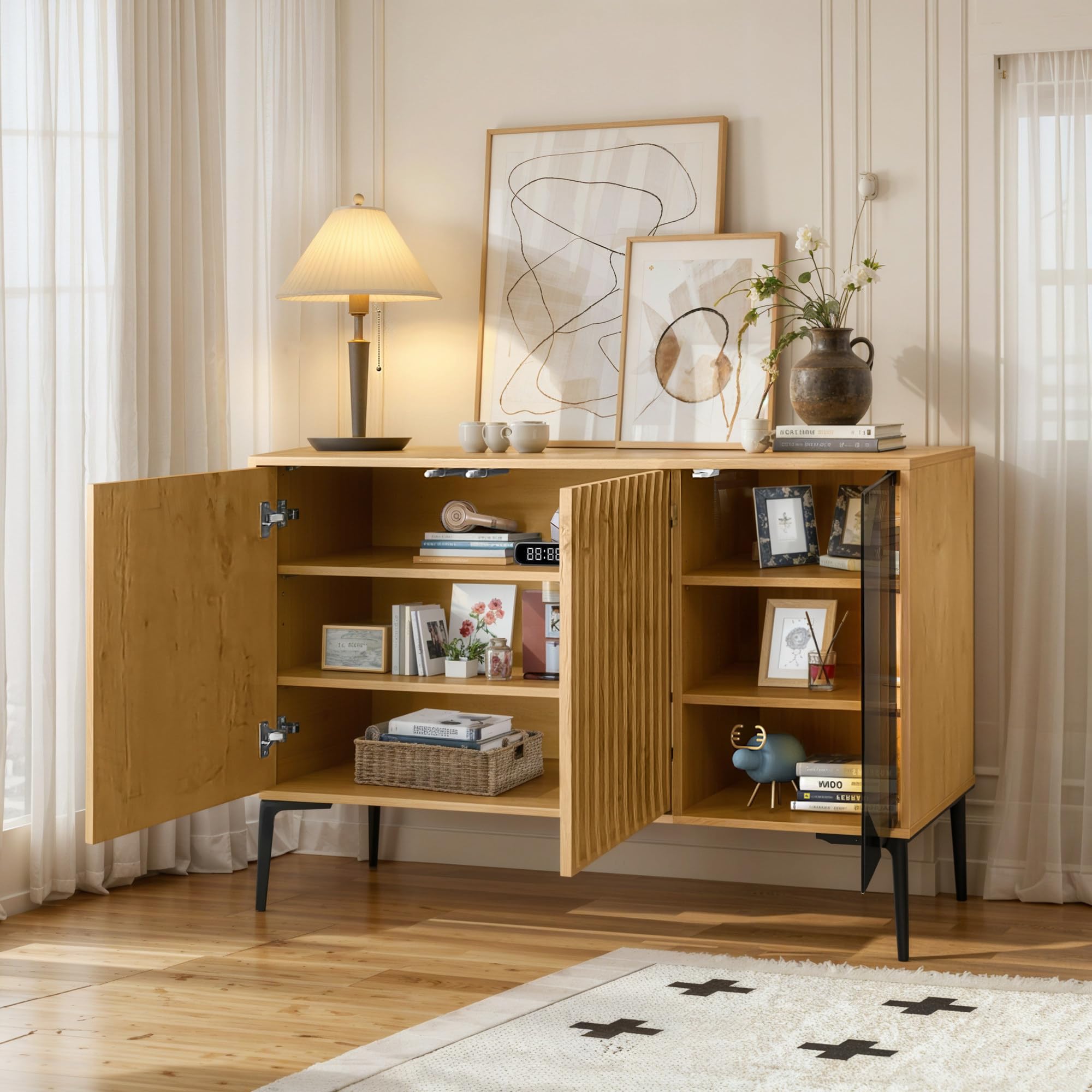 Aparador con Tira de Luz LED, Elegante Vitrina Retro con Puertas de Vidrio Transparente Curry, Aparador Estilo Campestre, Mueble de Cocina Comedor, 120 x 35 x 57 cm, Mueble de Salón