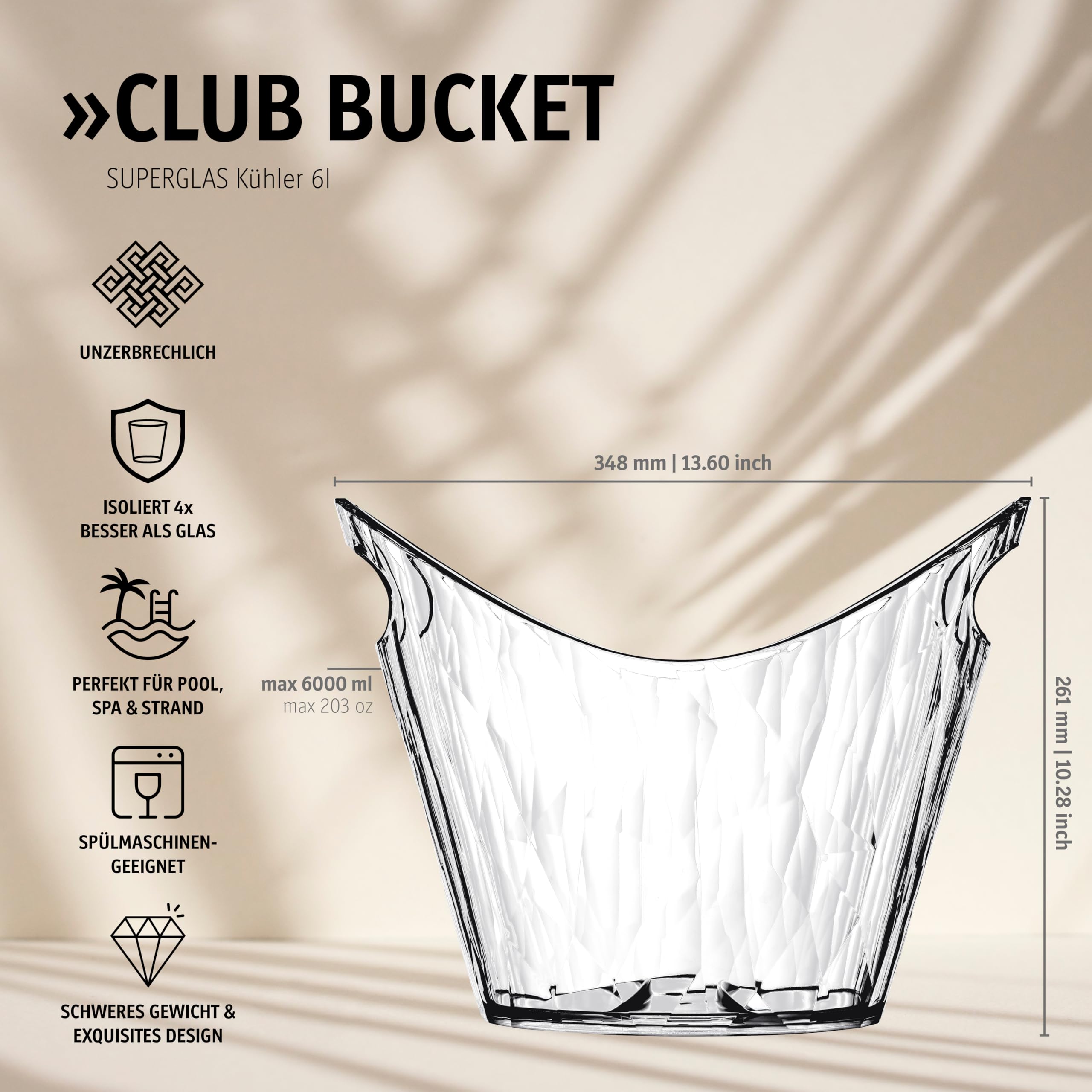 Koziol Superglas CLUB BUCKET, cubitera para vino y champán de 6 l, enfriador de botellas de lujo, plástico transparente irrompible con efecto diamante, resistente al calor y a los rayos UV, 1 unidad