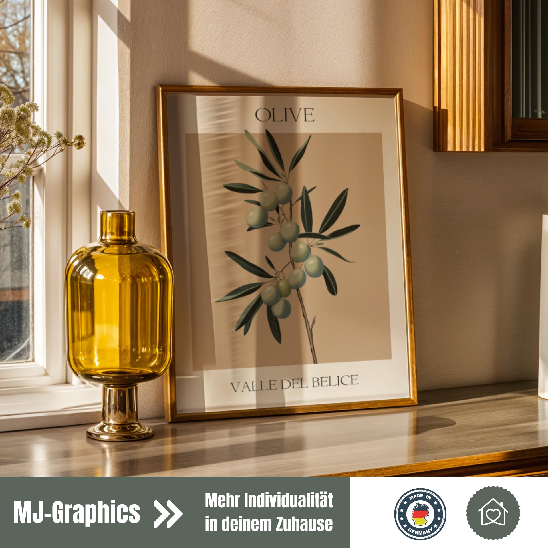 MJ-GRAPHICS® Olivenzweig Poster Natur Wandbild Deko A2 mit braunem Rahmen