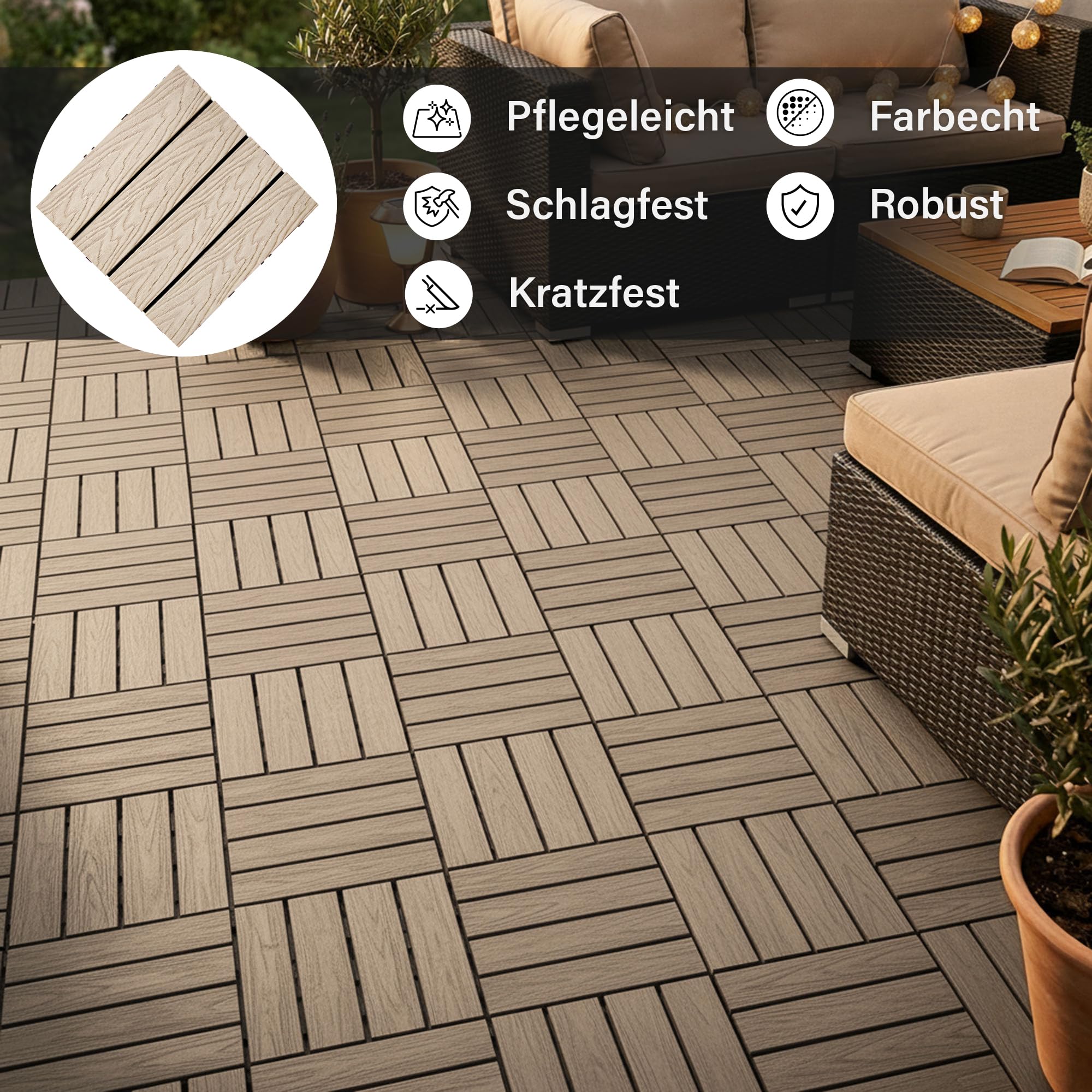 4iQ WPC-Terrassenfliesen mit Klicksystem, 10 Stück Holzoptik, 30x30x2 cm, Wetterfest, für Balkon, Terrasse und Patio, Fliesen Boden (Beige)
