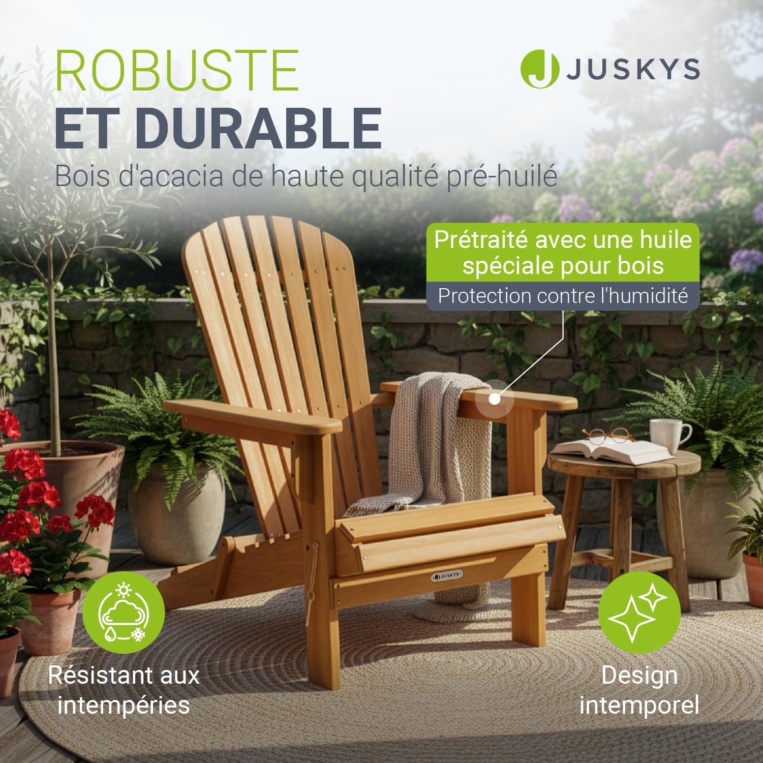 Juskys® Korfu transat Bois Massif Pliable Balcon terrasse résistant intempéries Design Compact 1 pièce