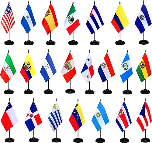LZXING Juego de banderas de escritorio de habla hispana de 22 países pequeños, mini banderas latinoamericanas para decoraciones del mes hispano, 5 x