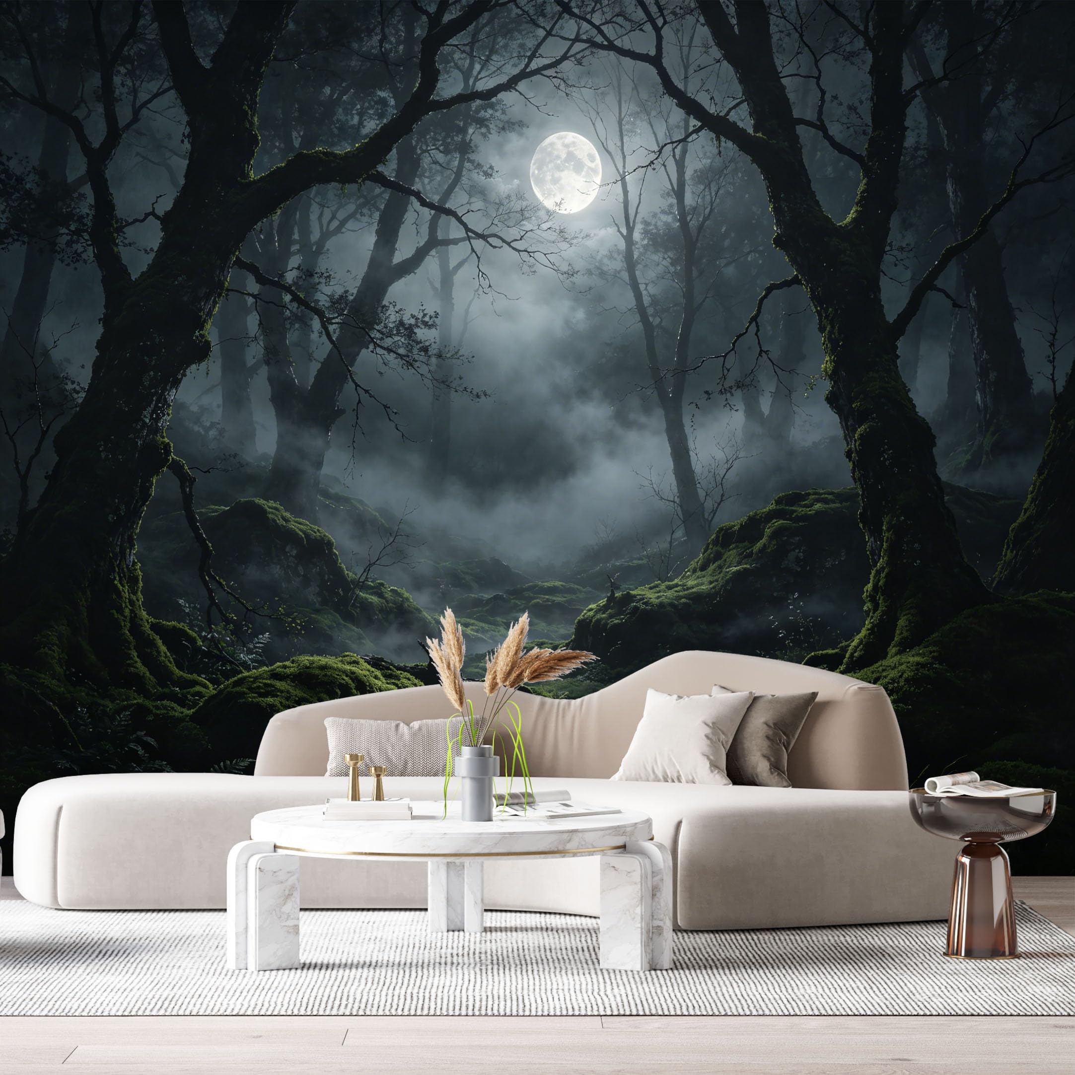 Custom Size Wall Murals Mystic Moon Forest Landscape Foggy Trees Night Scene SelfAdhesive Wall Fabric Removable Large Wallpaper for Photo Living Room