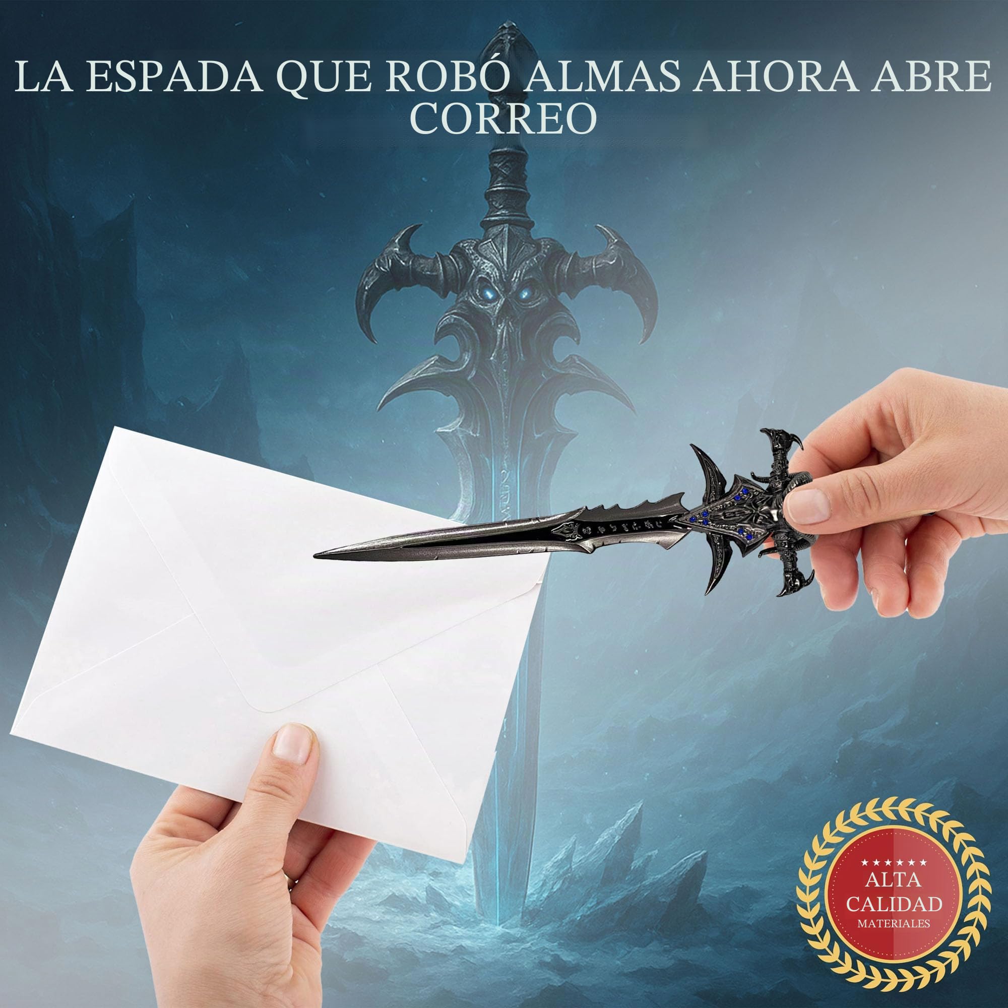 Abrecartas Frostmourne de World of Warcraft en forma de espada con base, 22,5 cm, accesorio para hogar y oficina, regalo y mercancía para fanáticos y coleccionistas