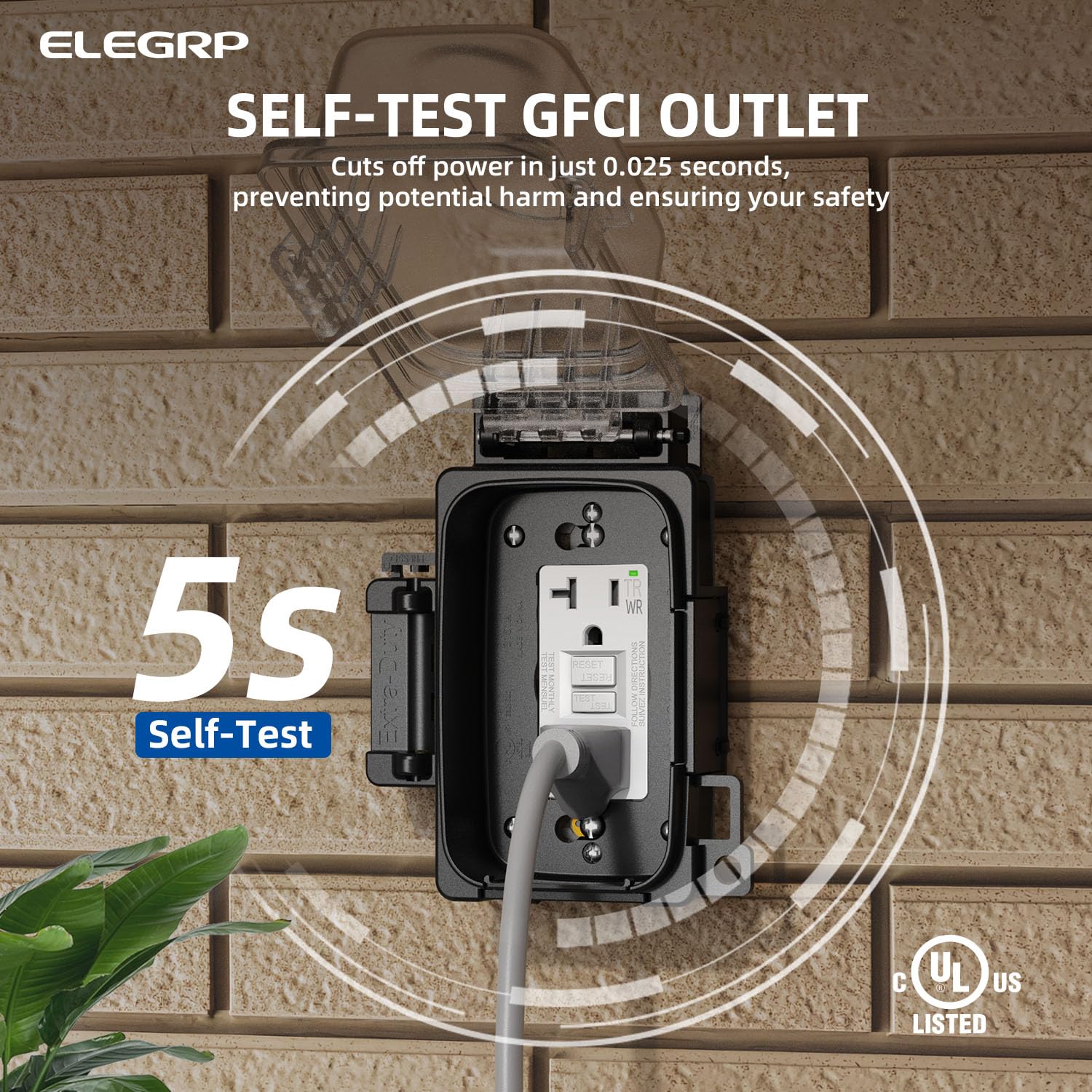 ELEGRP Prise extérieure GFCI avec couvercle d'utilisation, prise GFI TRWR de 20 A, couvercle résistant aux intempéries, verrouillable, montage horizontal/vertical, certifié UL, 1 pièce, blanc