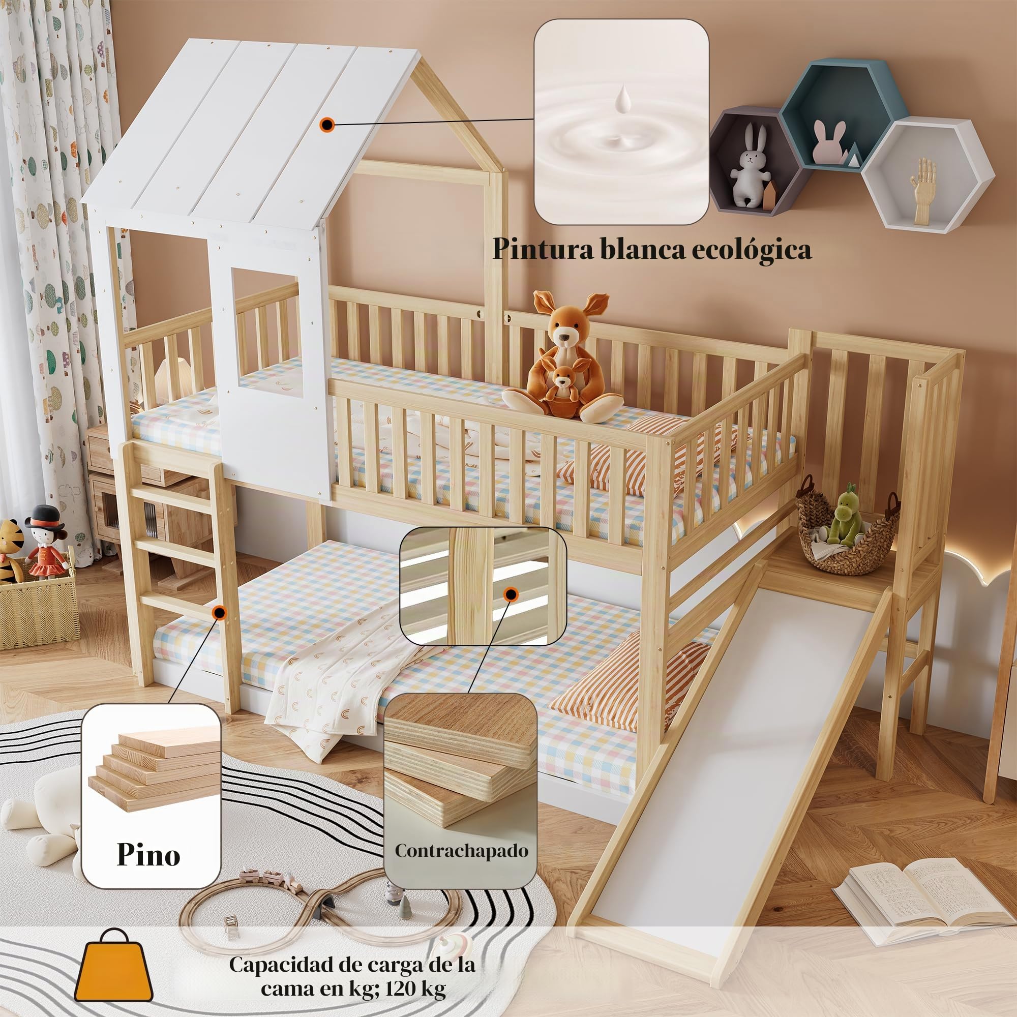 Litera con escalera rectangular y tobogán, cama de casa con techo y ventana, cuna con protección contra caídas y rejilla, marco de pino, natural + blanco (90x200 cm)