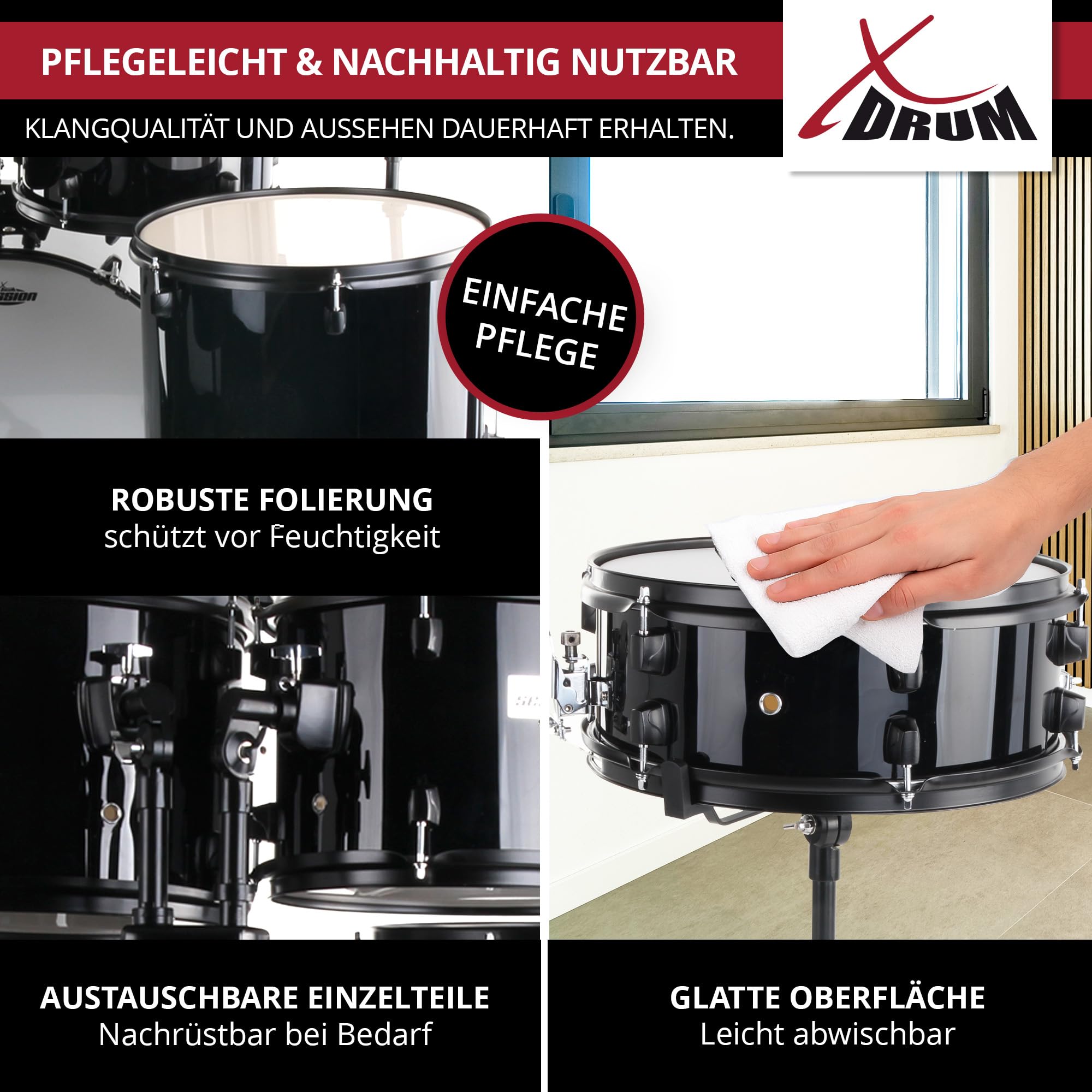 XDrum Rookie Schlagzeug Set Drumset Schwarz (20" BD, 10", 12", 14" TT, 14" SD, Übungsbecken bestehend aus einem Satz Hi-Hat-Becken 14" und 1 Crash-Ride-Becken 16", inkl. Schule & Schlagzeugdämpferset)