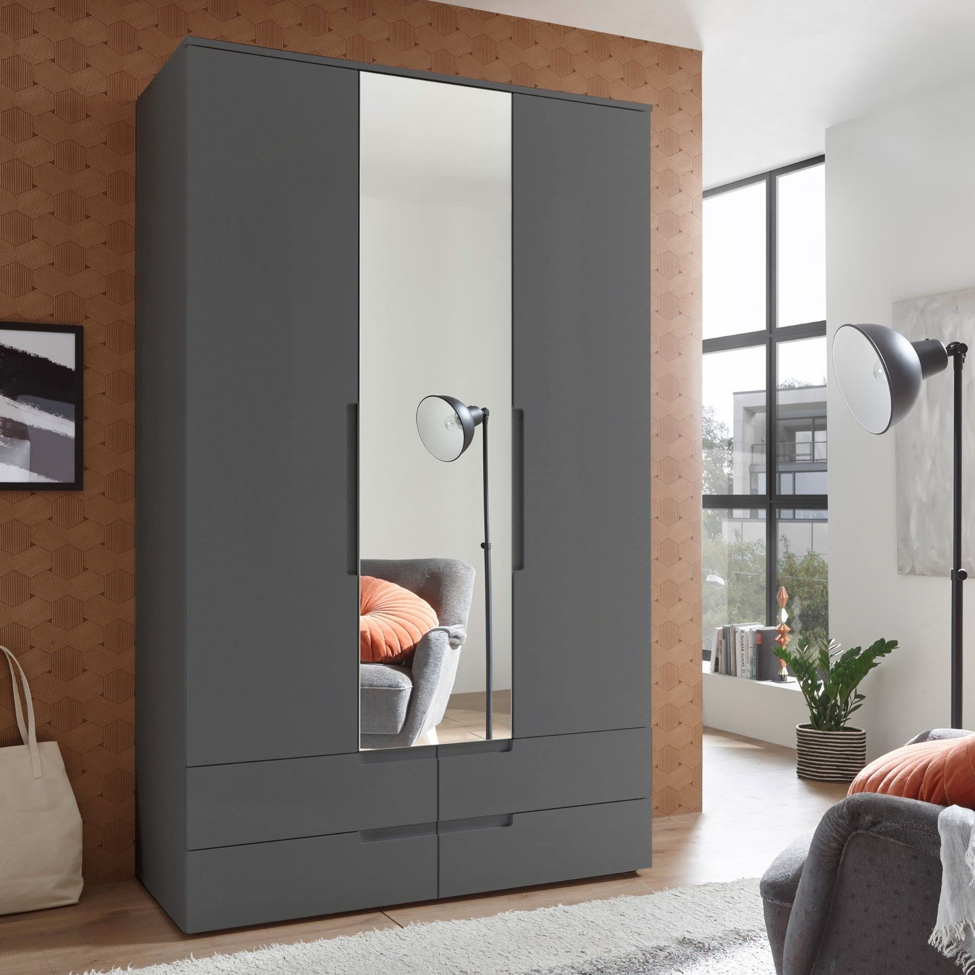 SPICE Eleganter Kleiderschrank mit viel Stauraum & Spiegeltür - Vielseitiger Drehtürenschrank in Graphit matt - 126 x 208 x 57 cm (B/H/T)