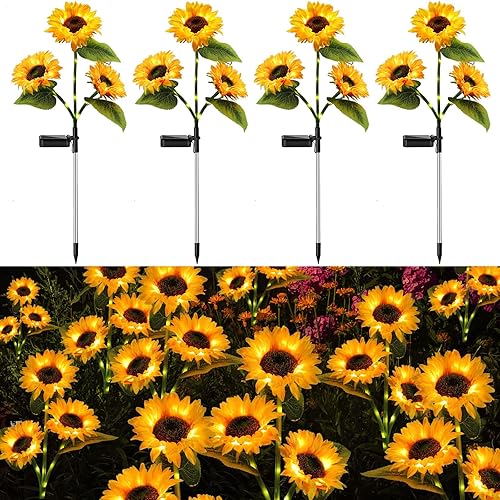 KNHUOS Luces solares para exteriores, decoración de jardín, paquete de 3 luces solares impermeables con 9 luces de girasol realistas, luces solares