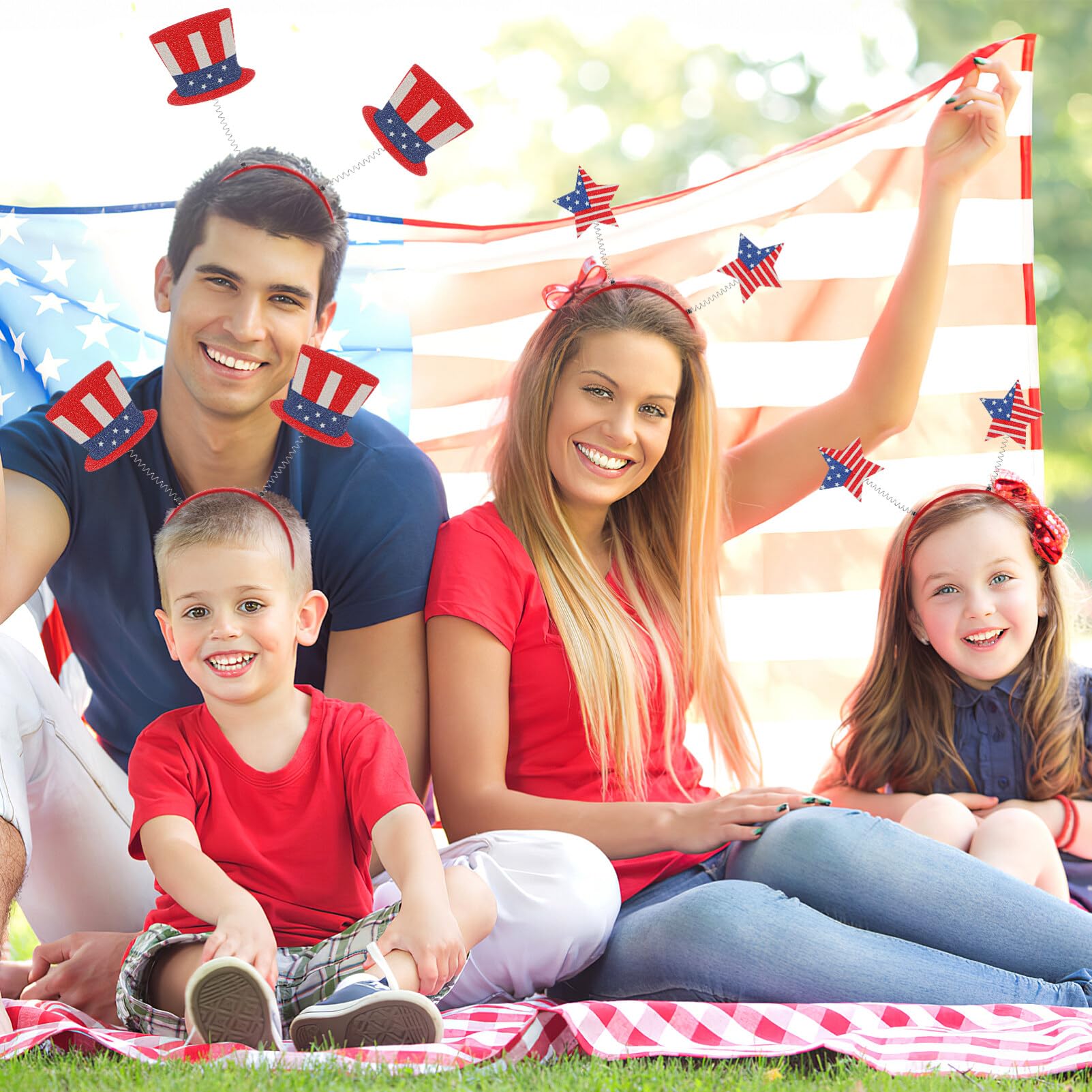VALICLUD Cerchietto per capelli con stella, 4 pezzi, per festa del 4 luglio, con bandiera americana, cappello a cilindro, bopper, patriottico, per festa dell'indipendenza