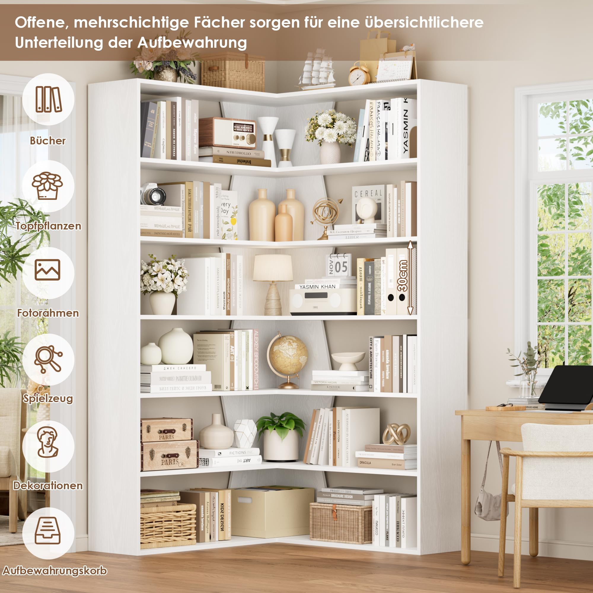 FirFurd Eckregal Bücherregal Eckschrank mit 6 Ebenen 90x90x190,5 cm weiß | Eckbücherregal stehend, L-förmiger Bücherschrank, Eckvitrine, für Arbeitszimmer Wohnzimmer Bibliotheken geeignet