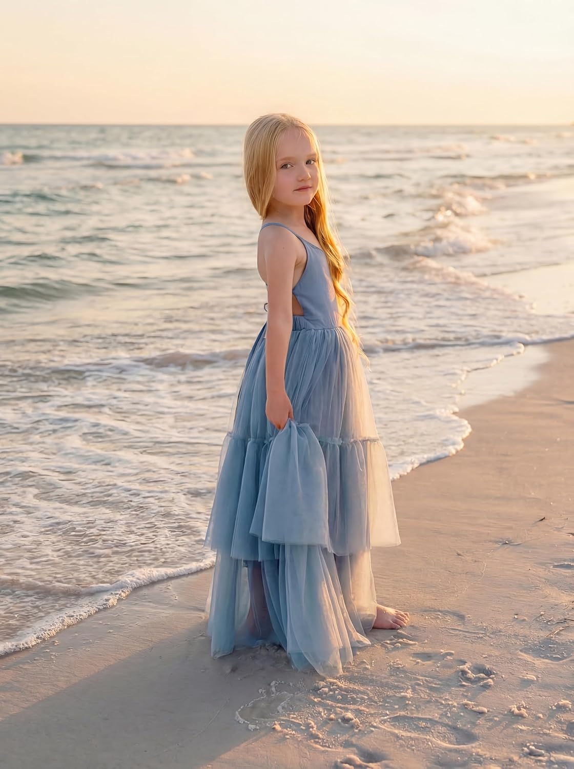 Boho Flower Girls Dress Tulle Backless Ruffle Girls Dress Beach Wedding Tiered Flowy Party Maxi Gown