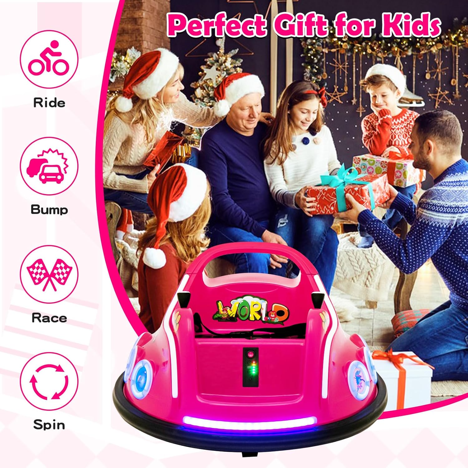 GLACER 12V Kids Bumper Car,3-Speed Kids Ride on Bumper Car w/ 360 Degree Rotation,Remote Control,Wireless Connection, Light & Music,Bumping Toy for Toddler 37 Months or Older (Pink)