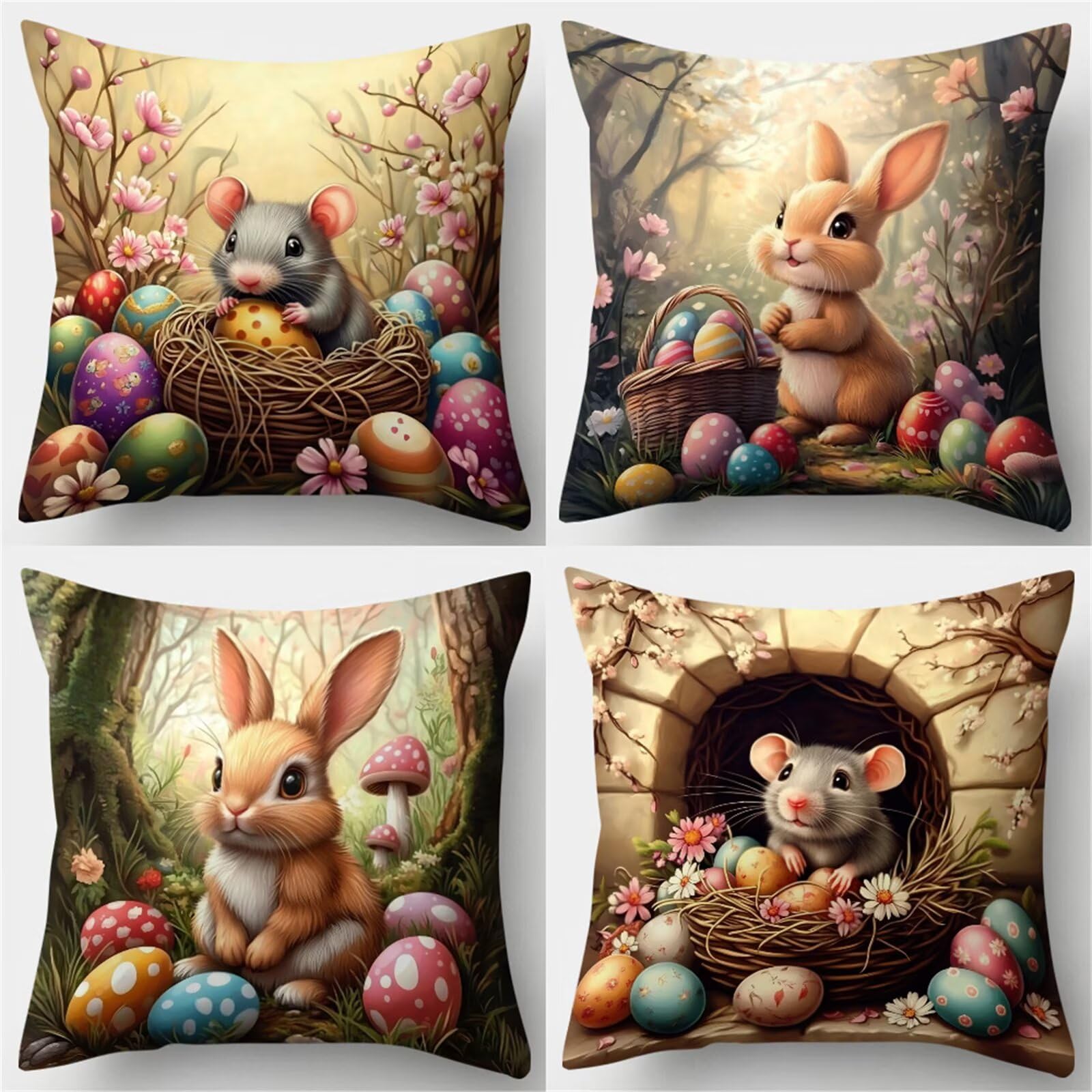 Fundas de Cojines 60x60 cm, Juego de 4 Fundas para Cojines Decorativas de Lino, Huevos Pascua, Fundas de Almohada para Sofá, Silla y Decoración de Interiores
