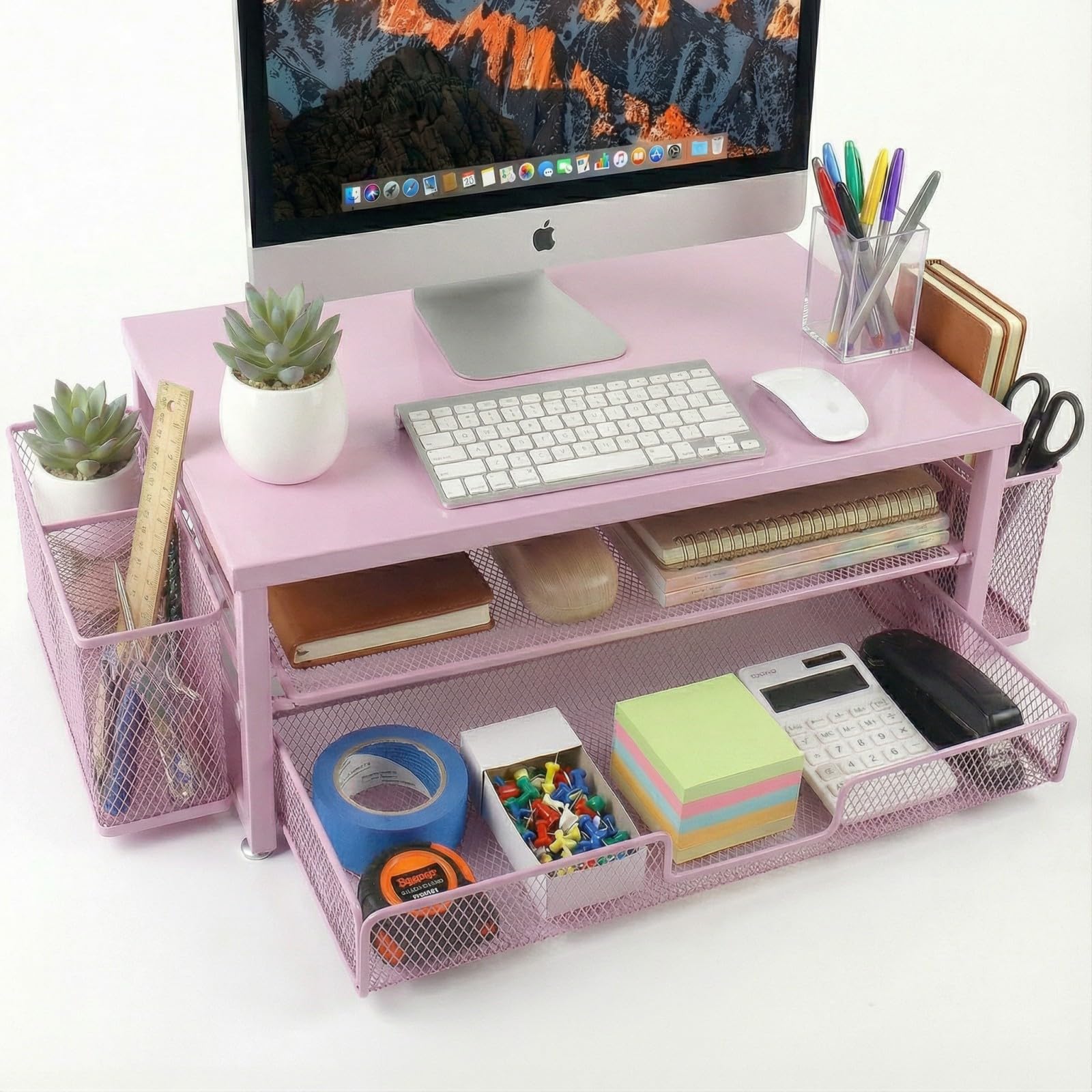 Supporto per monitor con cassetto e portapenne per scrivania, supporto metallico a 2 livelli per laptop da scrivania, organizer da ufficio per PC, stampante e laptop.
