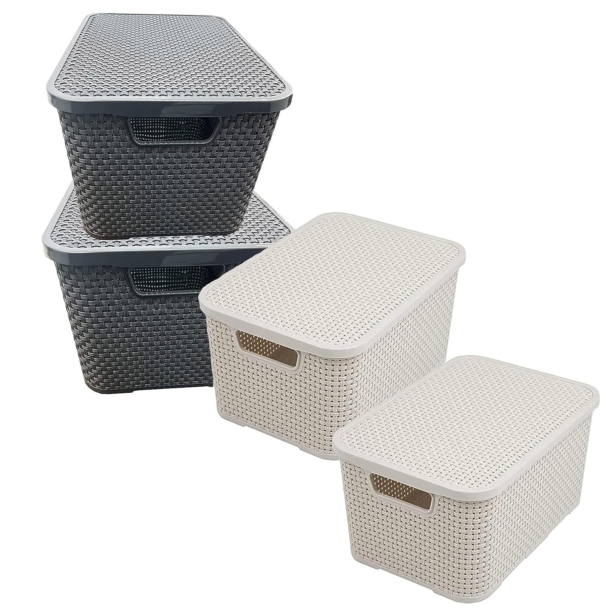 STORM TRADING GROUP Rattan Effect Storage Baskets Cream & Grey With Lids Ideal For Bathroom, Kitchen, Laundry Room, Home & Office Storage Box (2 Baskets, Cream)