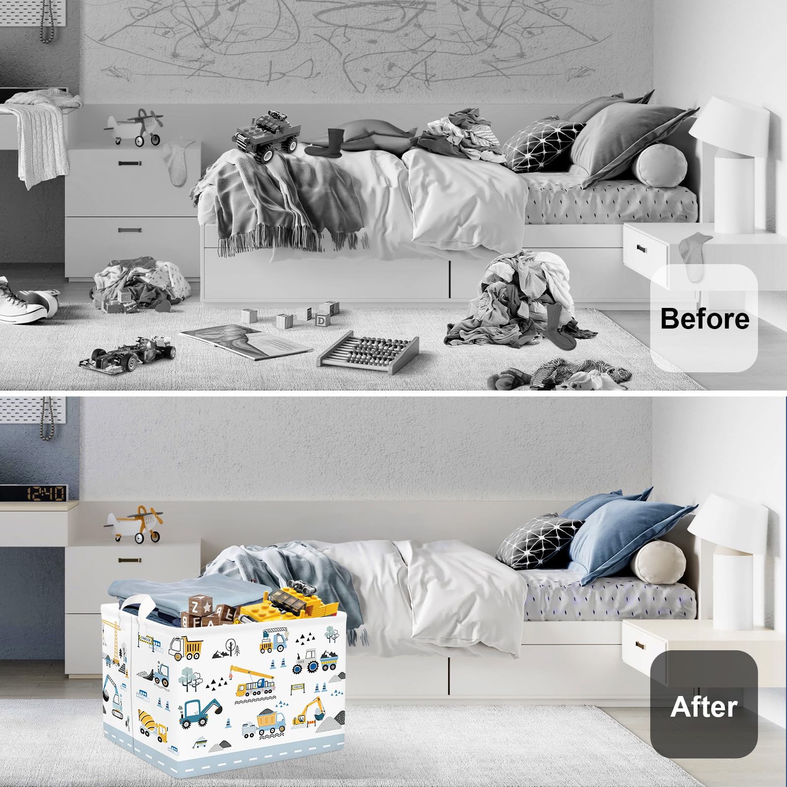 HUUMONSS Cartoon Cars Storage Basket for Parents Organizing Kids Toys Clothes Large Boys Gift Toy Box Bin Laundry Hamper for Bathroom Shower,Crane,36L - Image 2