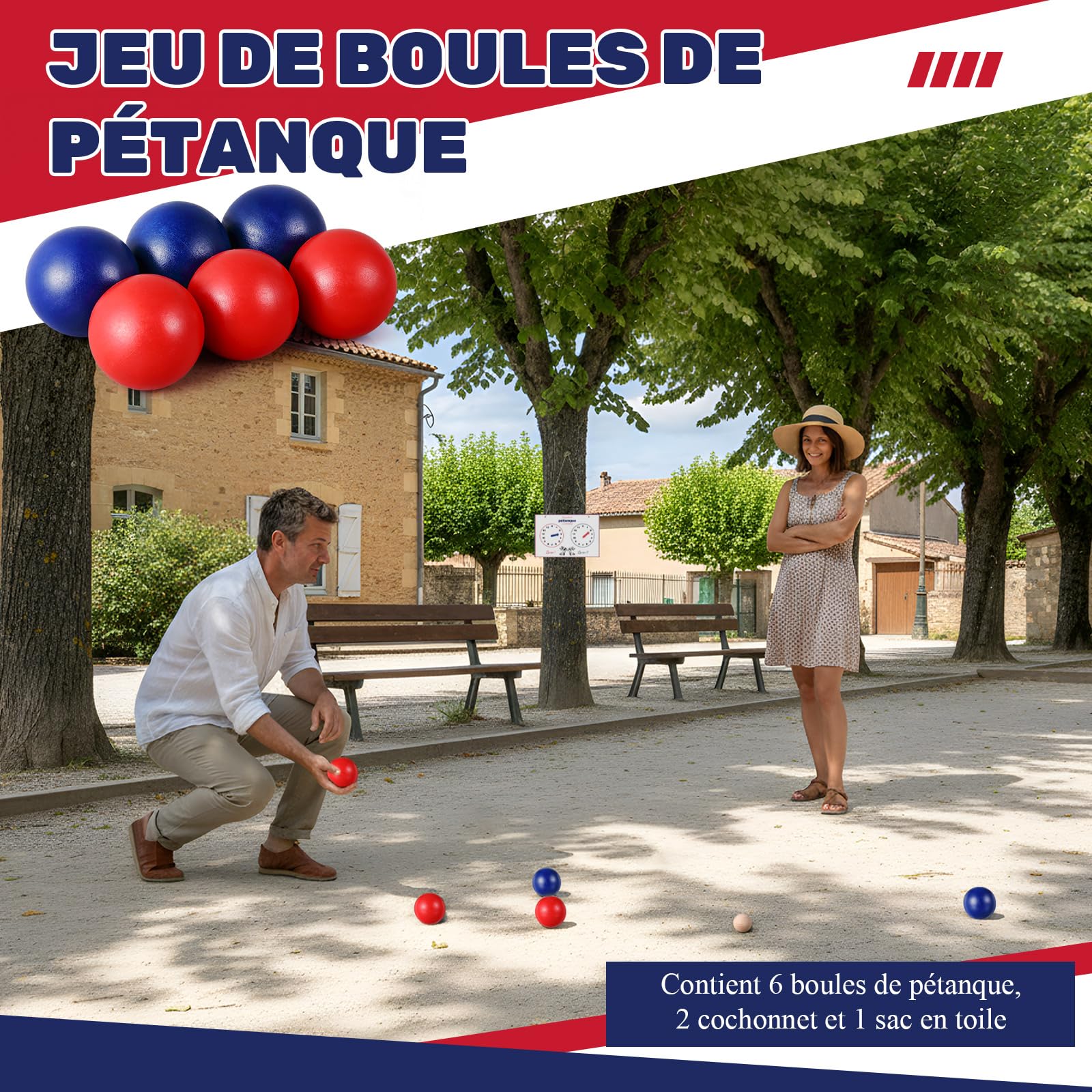 Juego de Petanca de Madera Set de 6 Bolas de Colores con Boliches y Bolsa