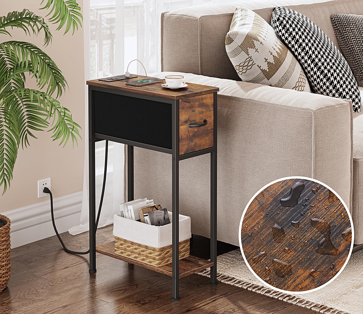 Vagusicc End Table with Charging Station, Narrow Side Table Nightstand with Fabric Drawer, Slim Nightstand for Bedroom, Small Bedside Table, Slim Sofa Side Table for Small Spaces, Rustic Brown