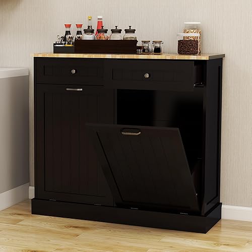 Armario de basura inclinable, 10 galones de madera, clasificador de lavandería con cajón, cubo de basura de cocina, armario de reciclaje para sala