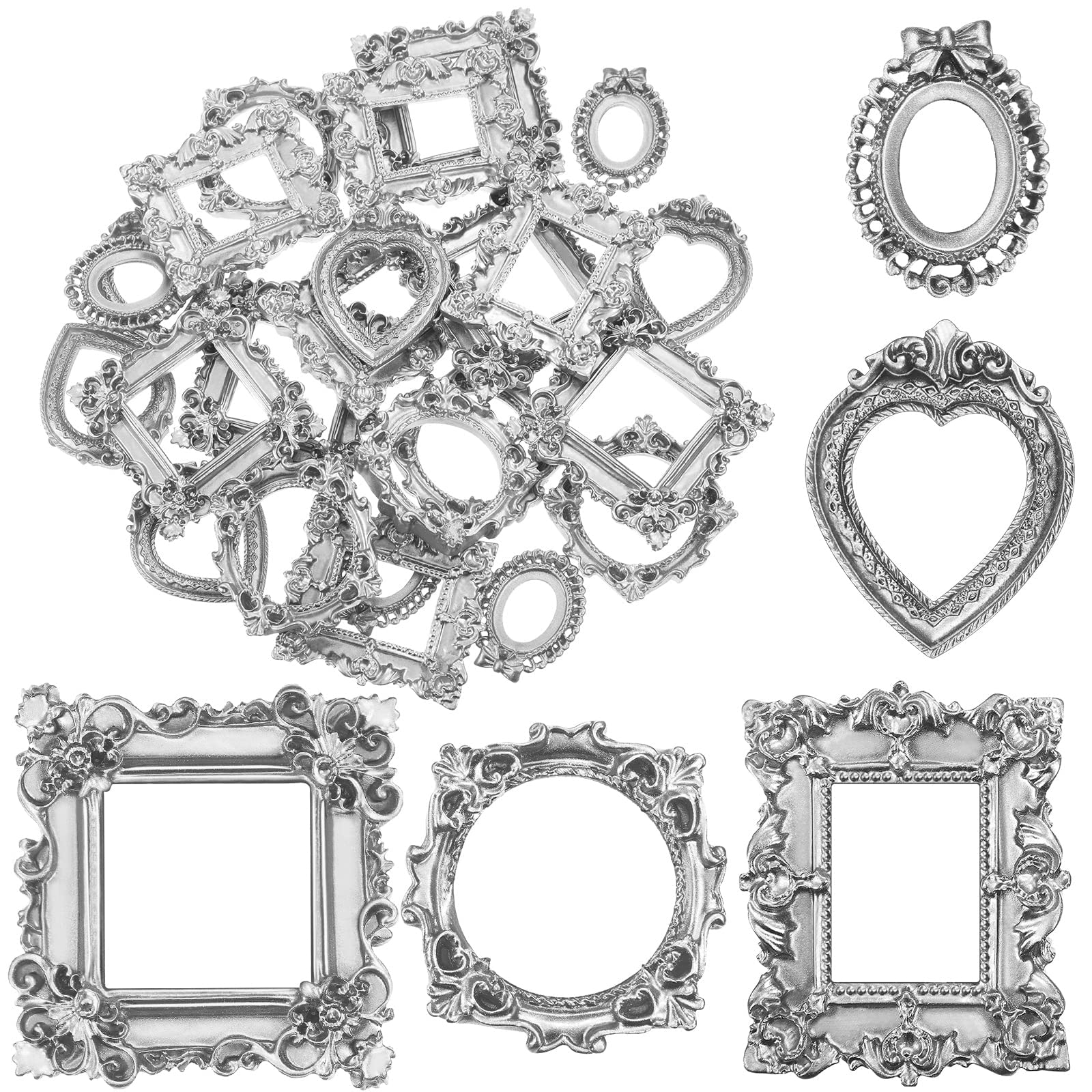 Vintage Resin Picture Frame Antique Photo Resin Frame Mini Resin Jewelry Display Frame Photography Photo Frame DIY Small Photo Frame for Manicure Photo Home Decoration (Silver, 25 Pieces)