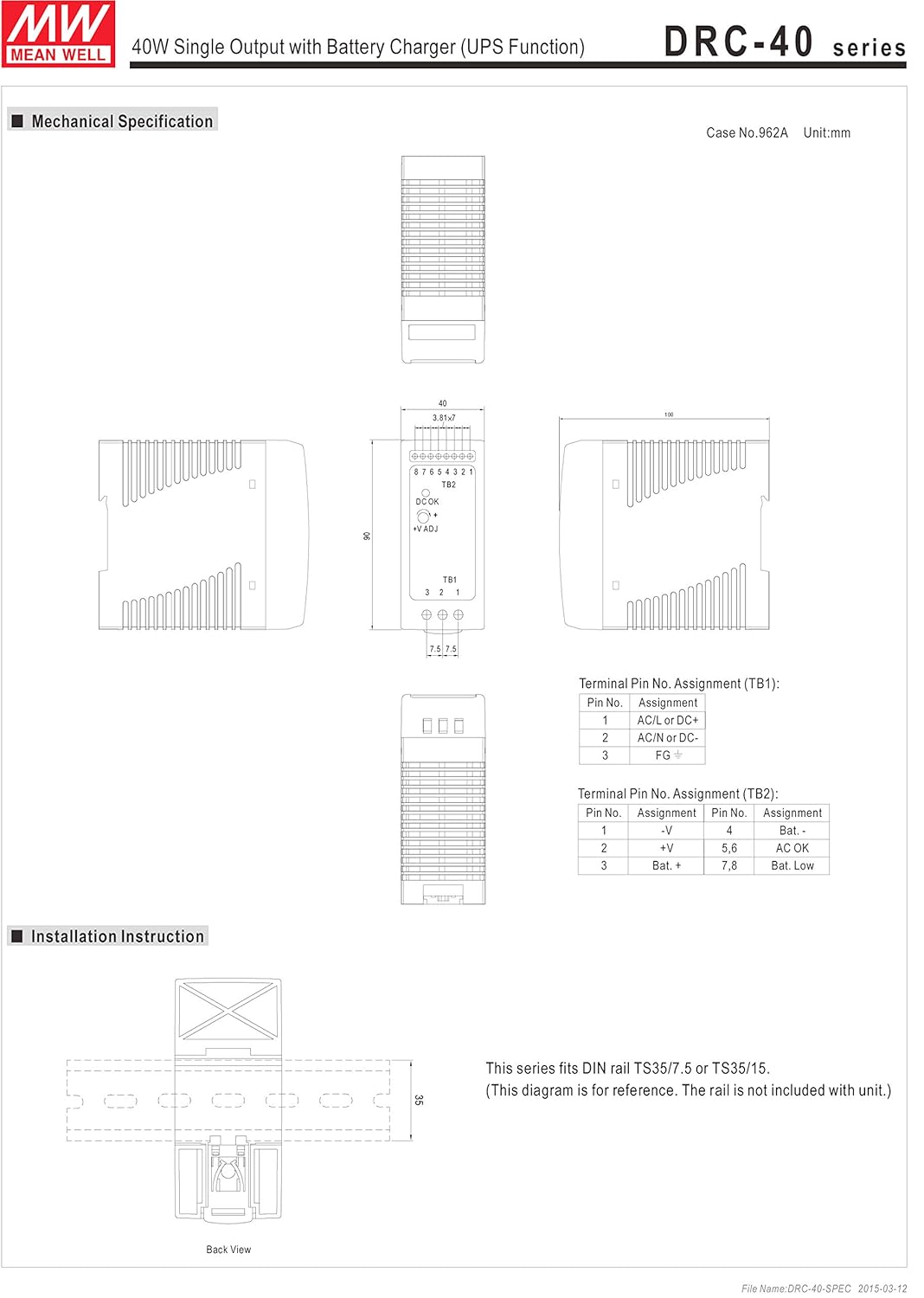 MEAN WELL DRC-40B 27.6V 0.95A 0.5A 40.02W Single Output with Battery Charger (UPS Function) Security Series