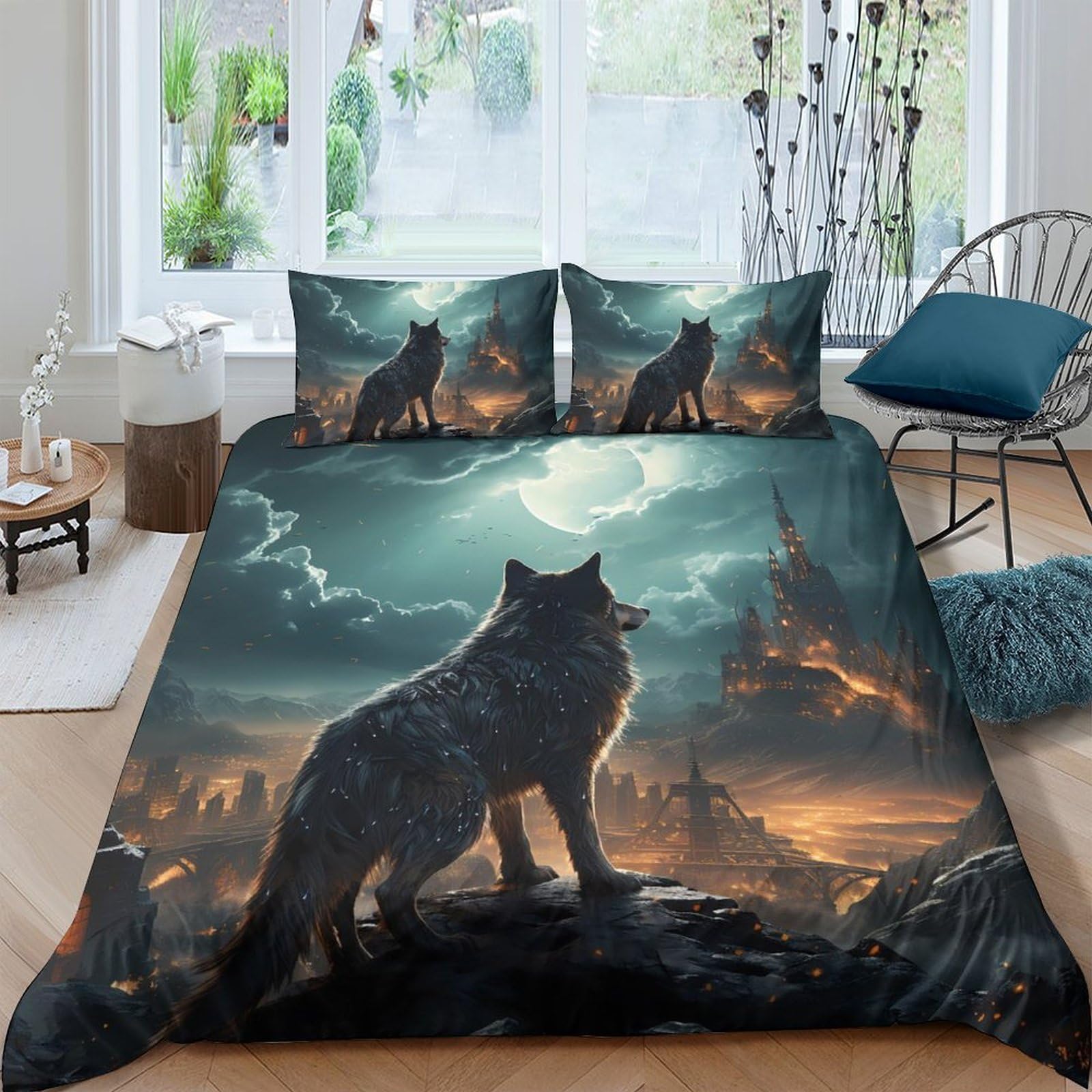 Ctjqhvkz Style-3 3D Printed Wolf Moon Fitted Sheet Microfiber Soft Dark Forest Mattress Cover For Bedroom Home Decor Single（135X200cm）