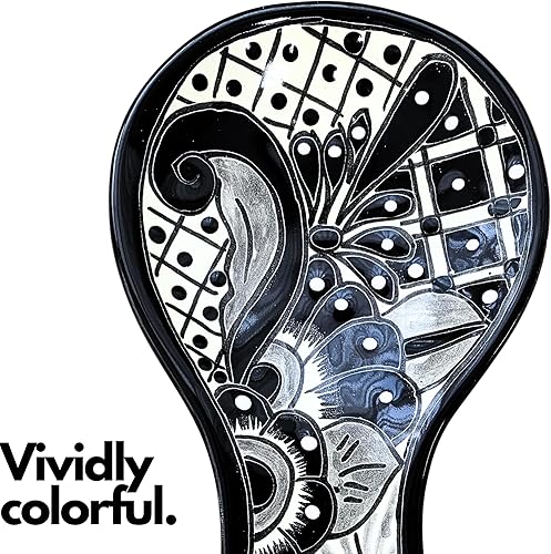 Miniatura 3 de Cuchara de cerámica - Talavera pintada a mano - Estilo mexicano - Decoración del hogar en blanco y negro - Cuchara Floral BlancoNegro