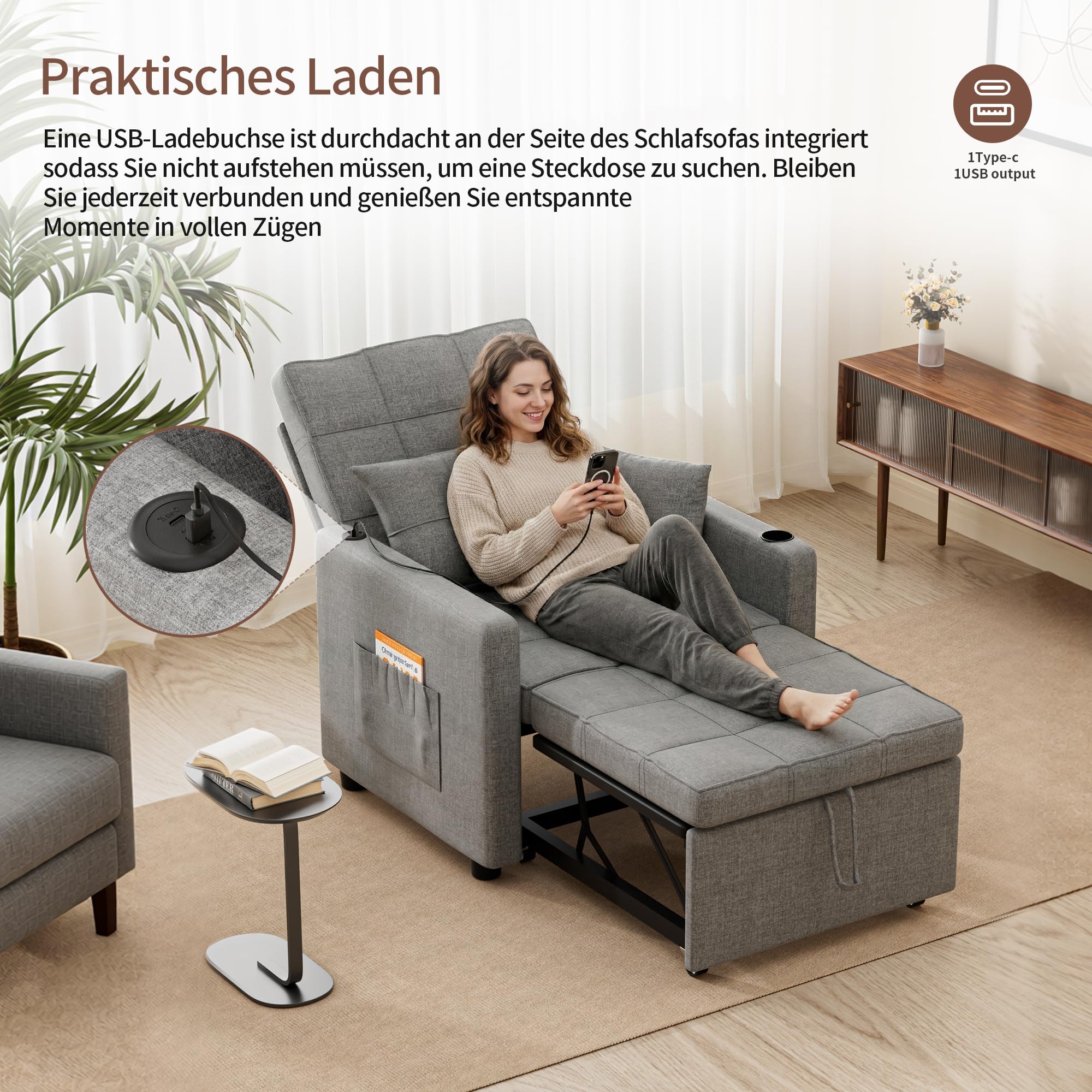 BonVache 3-in-1 Schlafsessel mit Bettfunktion, 5-stufig Verstellbarer Rückenlehne, Schlafsofa mit Kissen und Seitentasche, Schlafcouch mit Getränkehalter und USB- & USB-C-Anschluss, Dunkelgrau