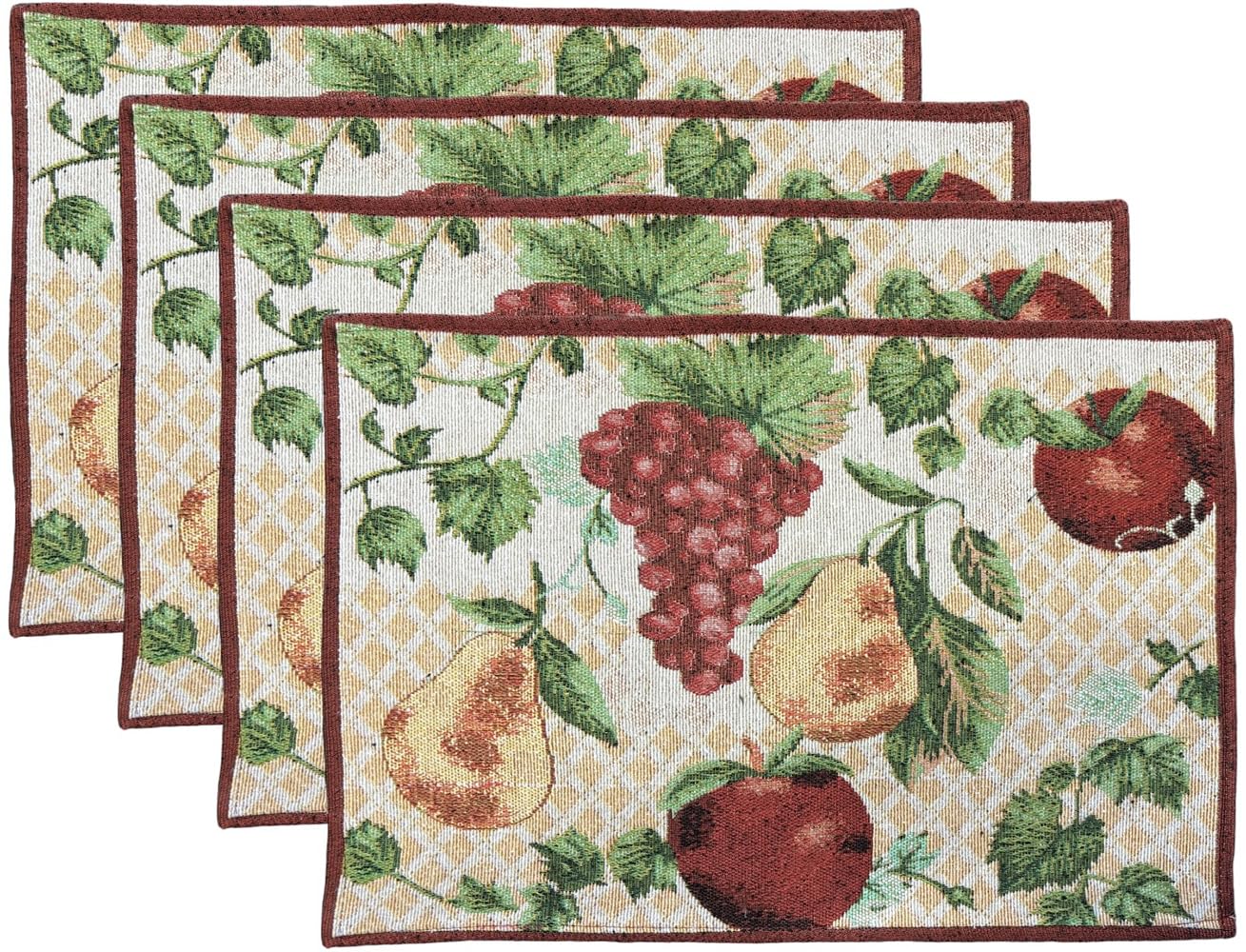 Set of 4, Mix Fruit Design Apple, Pear, & Grape Trellis Tapestry placemats for Kitchen Dining Table Mats, Easy to Clean, Machine Washable. Size: 13" x