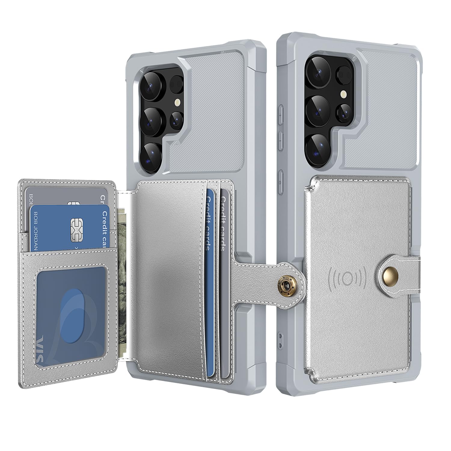 for Samsung Galaxy S22 Ultra 6.8" Case with Card Holder, Compatible with Magnetic Car Mount, Heavy Duty Shockproof Rugged Soft TPU Back Leather Flip Wallet Phone Cover, Silver Samsung Galaxy S22 Ultra Silver