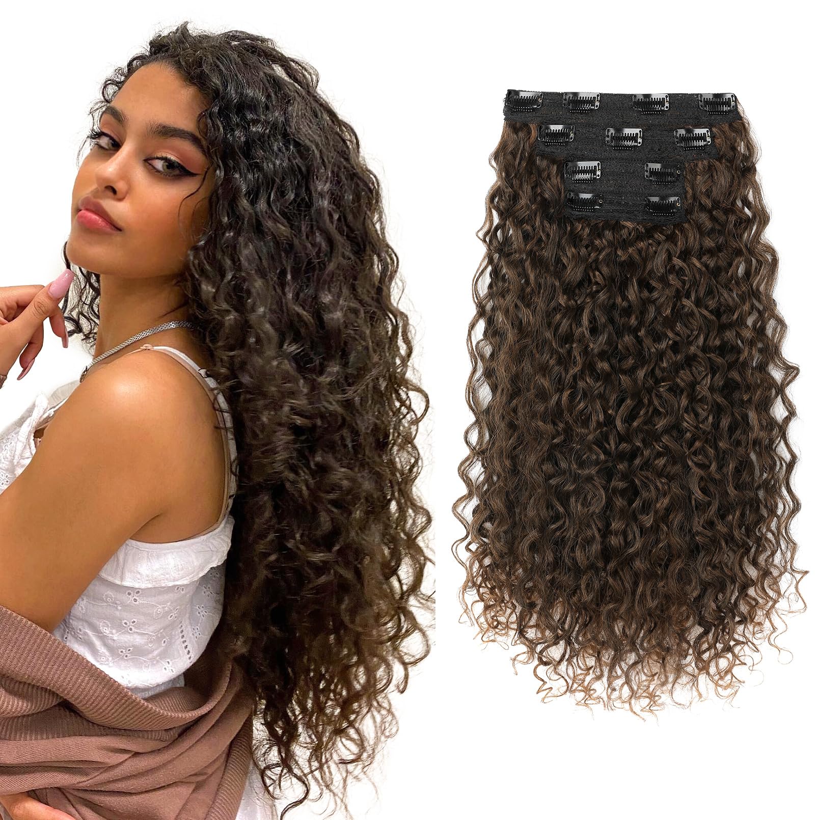 FLUFYMOOZ hair extensions Clip-in-Haarverlängerungen, 4-teilig, 100% reine Proteinseide, Haarverlängerungen, lang, weich, natürlich, 50 cm, lockige Haarverlängerung (Dunkelmandelbraun mit Kupfer)