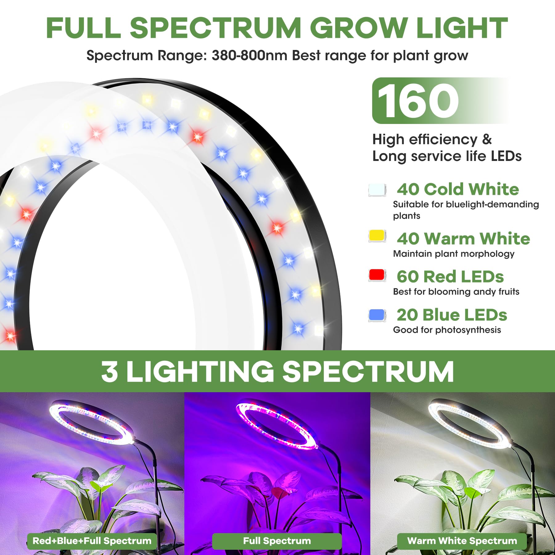 Lampe pour plantes à spectre complet 160 LED 5V4A, Grow Light avec tuyau flexible 360°, prise européenne, minuterie 3/9/12H, tige télescopique 11.8-59 pouces