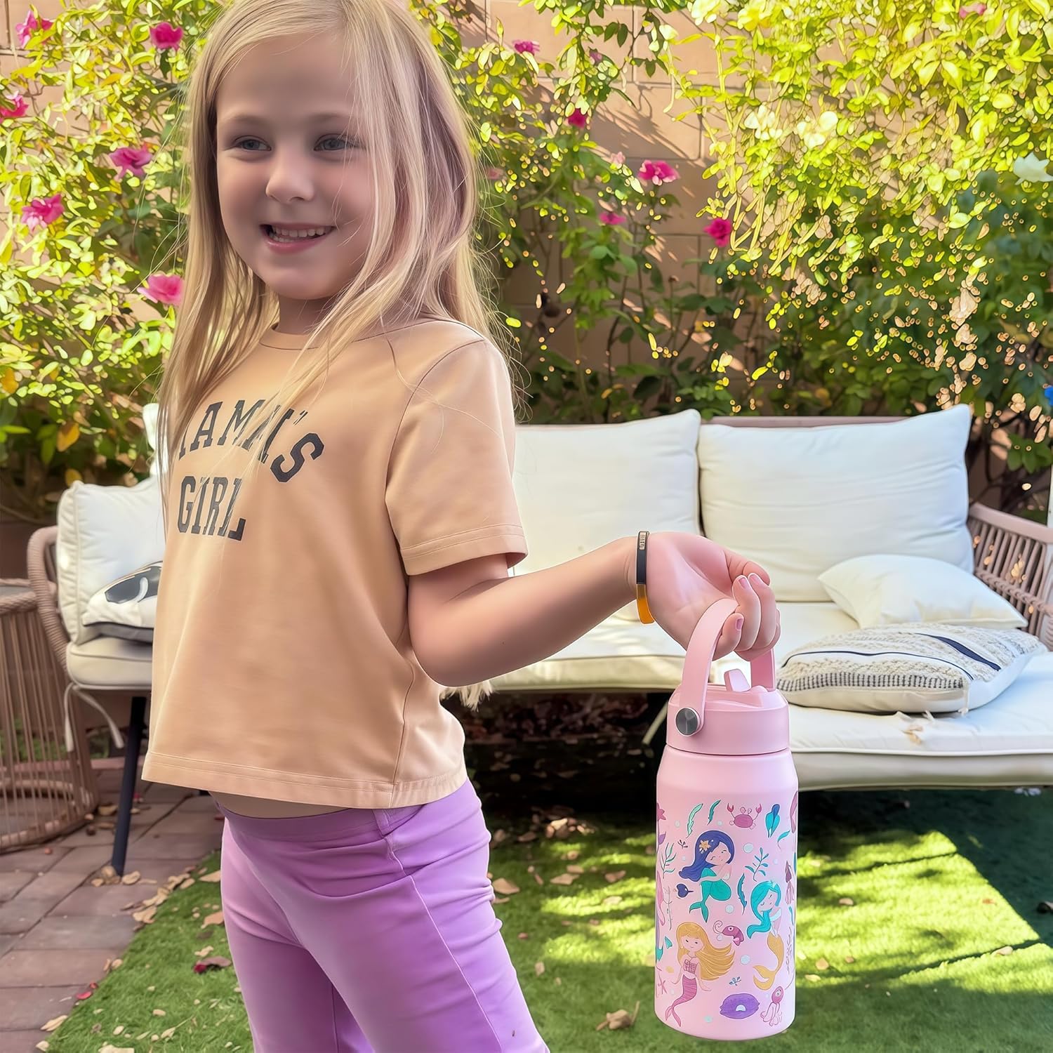 OLDLEY kids Water Bottle - 18oz Insulated Stainless Steel - Wide Straw Lid, Non Spill, Leakproof, Kids Water Bottle for School,Mermaid - Image 7