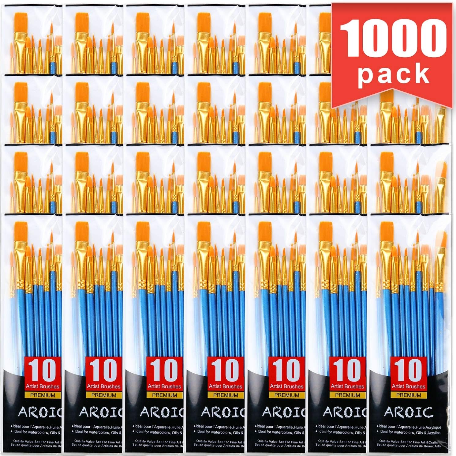 Acrylic Paint Brush Set, 100 Packs / 1000 pcs Nylon Hair Brushes for All Purpose Oil Watercolor Painting Artist Professional Kits