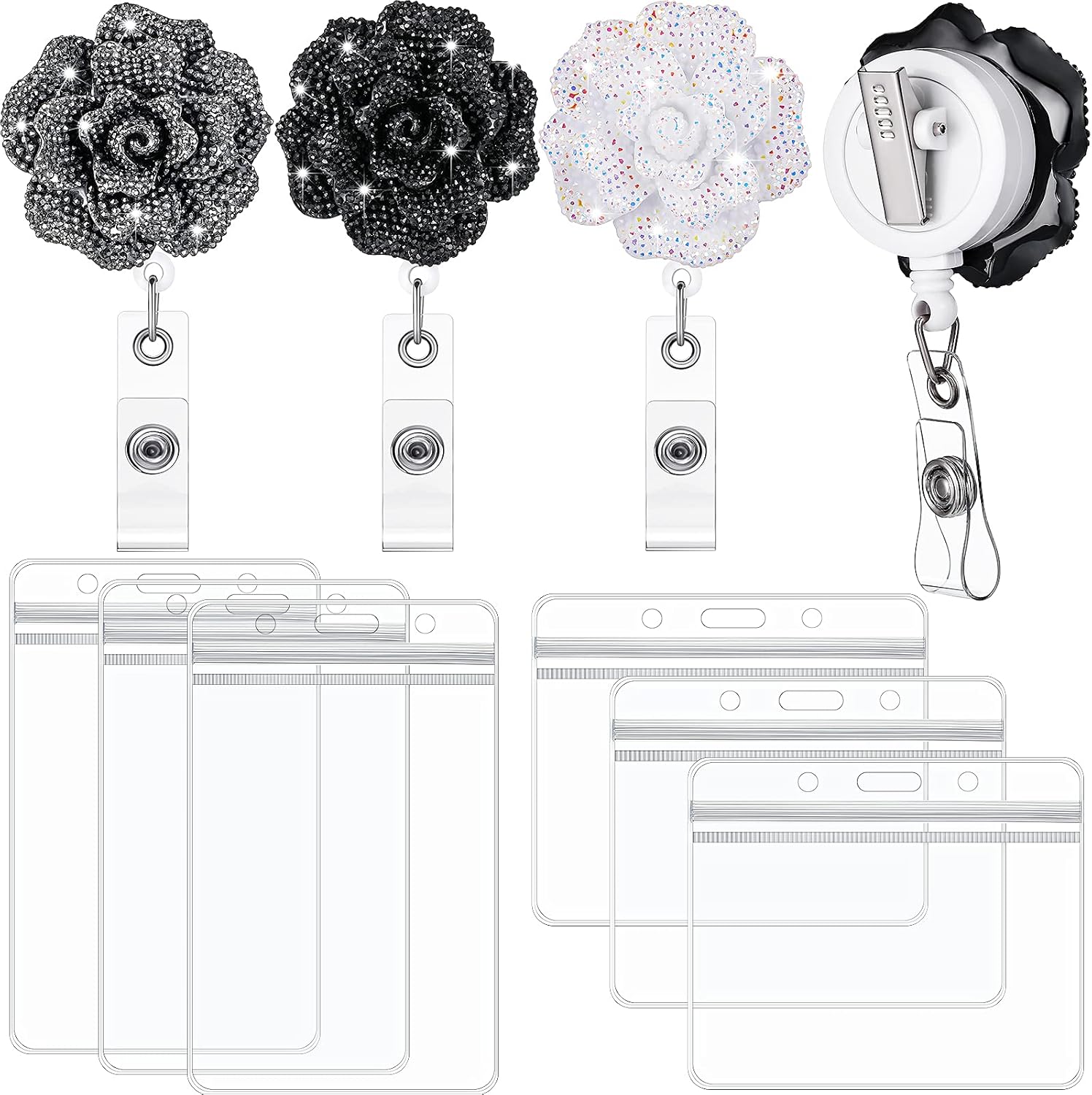 3 Pieces 24 Inch Retractable Badge Reels Rose Nurse ID Badge Holder Reel with 360 Degree Swivel Alligator Clip and Clear Card Holder for Office Worker Doctor Nurse Student (Black, Gray, White)