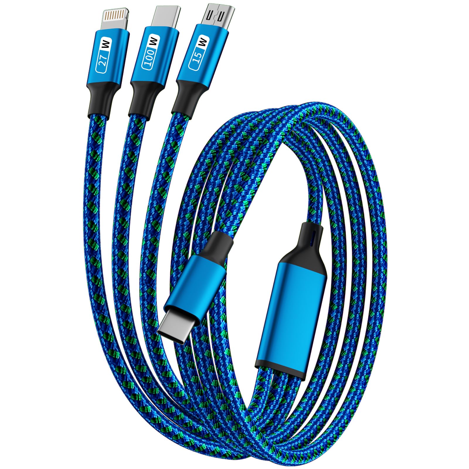 100W USB C Multi Charging Cable, Nylon 3 in 1 Fast Charging Cable with E-Mark Chip, Type C [100W]+IP[27W]+Micro[15W], Universal USB C Charger Cord