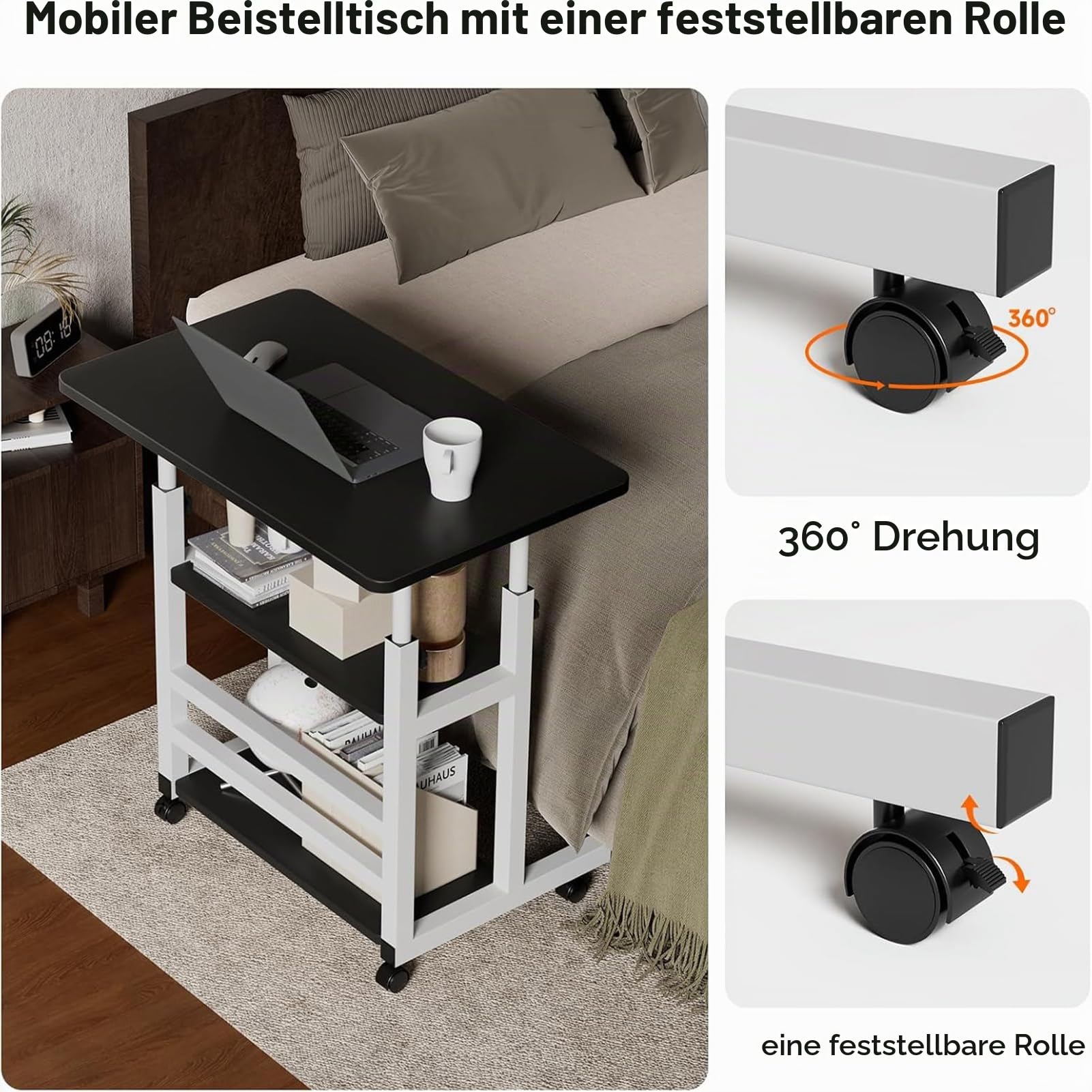 Warmiehomy Höhenverstellbarer Schreibtisch Platzsparender Laptoptisch 60x40cm Computertisch mit Rollen Schreibtisch Schwarz mit Regal Mobiler Beistelltisch PC Tisch für Home Office,Bett,Sofa,Schwarz