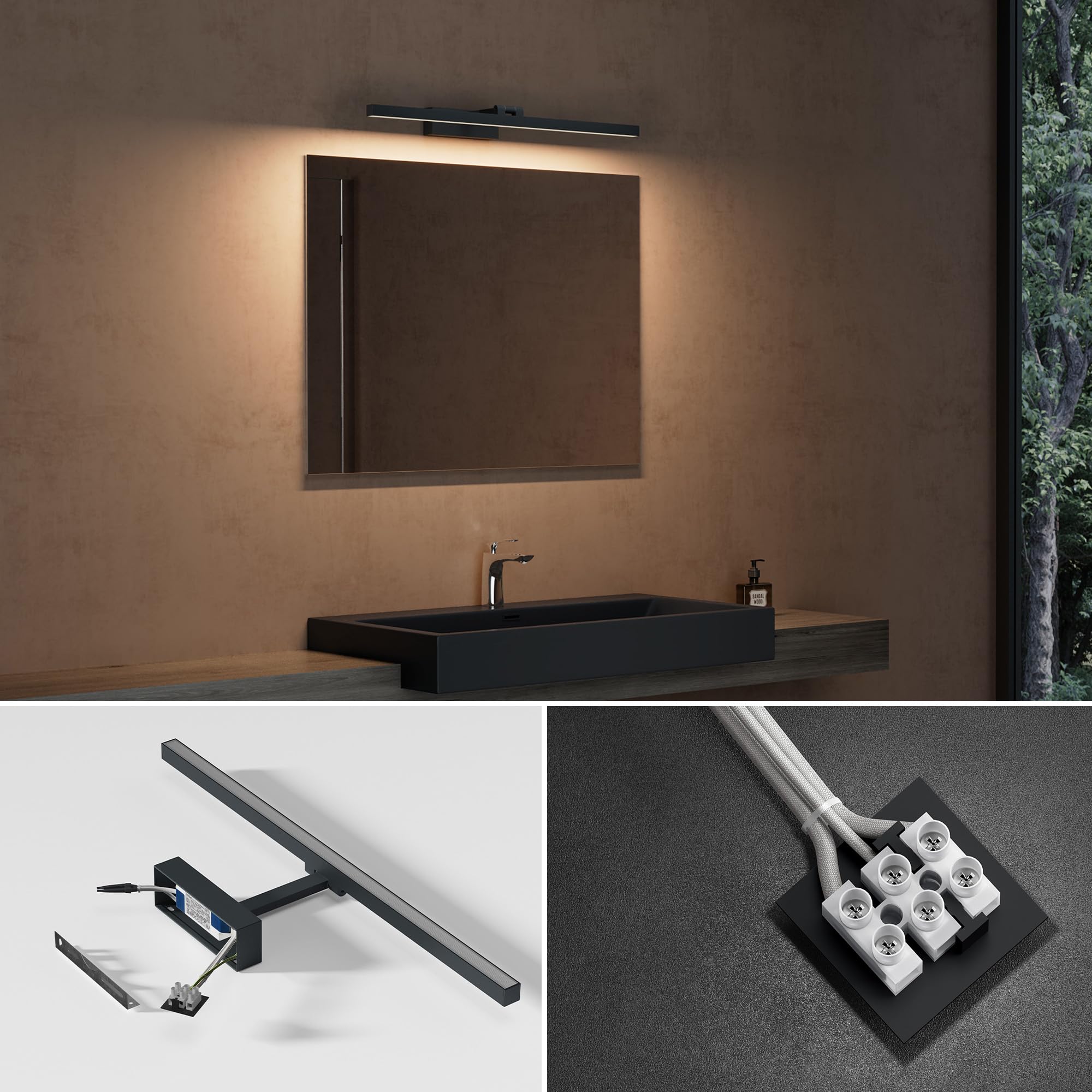 doporro LED Spiegelleuchte Badezimmerleuchte Sandschwarz 40cm - 9W Spiegellampe 4000K - 180° drehbar für flexible Ausleuchtung - Stylische Wandleuchte für Badbeleuchtung Strahlenschön