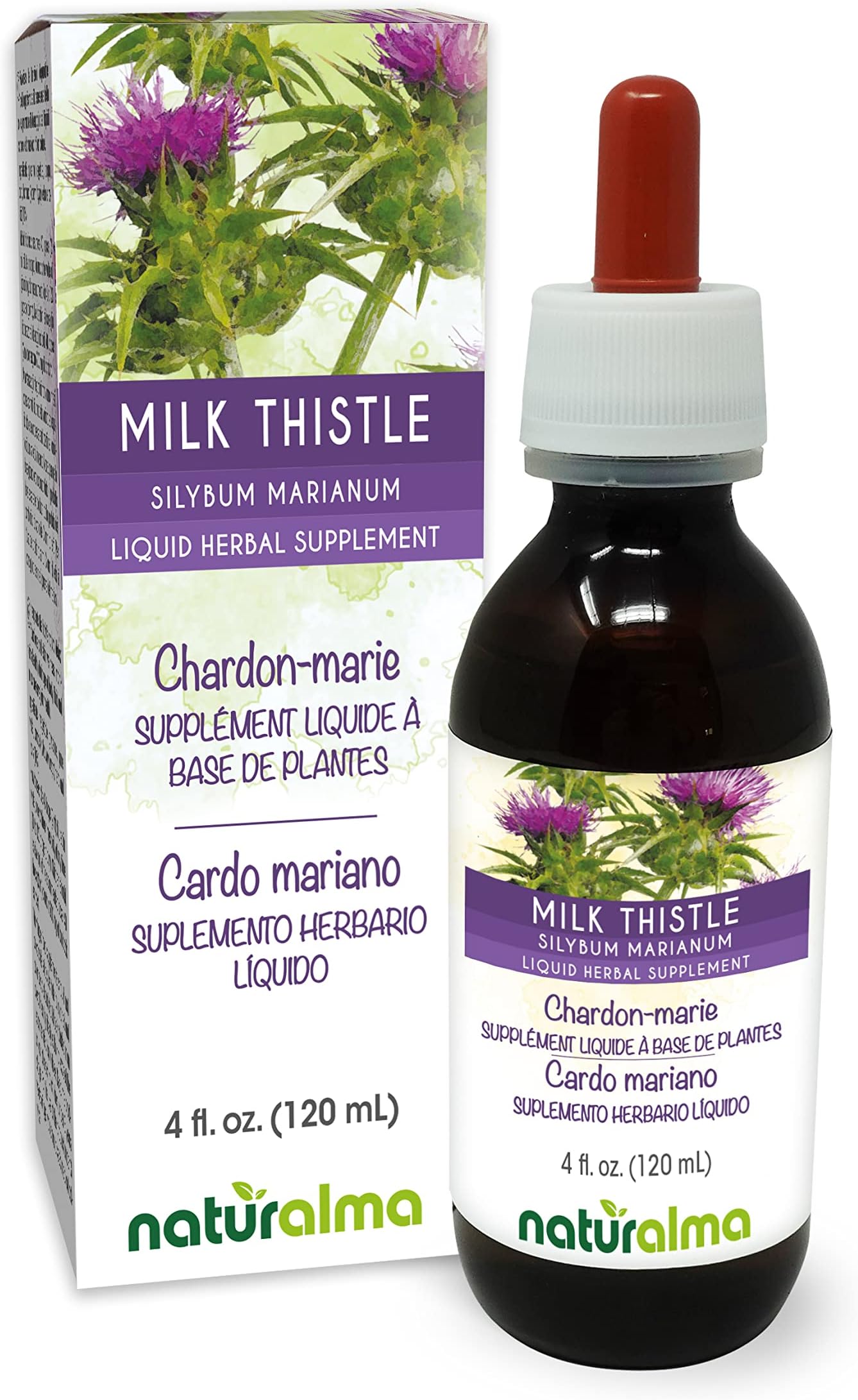 Naturalma Milk Thistle (Silybum marianum) Fruit and herb Alcohol-Free Tincture - 4 fl oz Liquid Extract in Drops - Herbal Supplement - Vegan