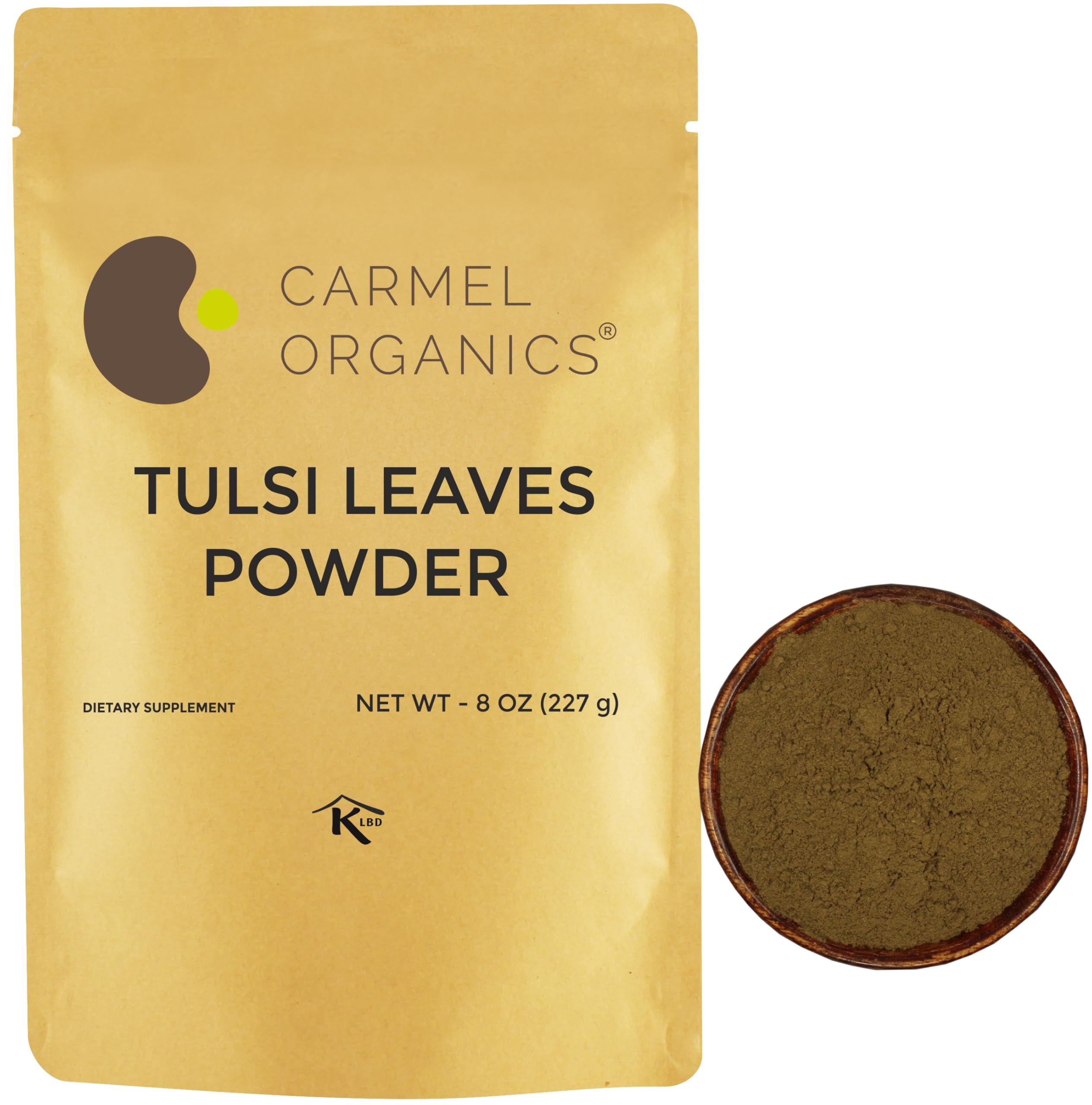 CARMEL ORGANICS Tulsi Leaves Powder 8 Ounce or 1/2 lb (Pack of 1) | Natural Tulsi Powder | Non-GMO | Kosher | Holy Basil | No Added Preservative