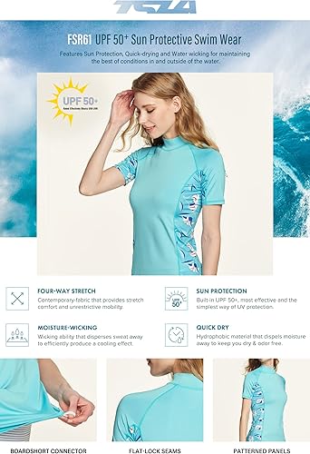 Miniatura 7 de TSLA - Camiseta de protección para natación de manga corta con protección UV SPF UPF 50+ para mujer