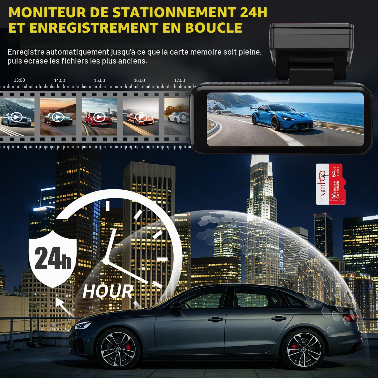 Caméra embarquée, grand angle de 170°, 4K + 2K avant et arrière à l'intérieur, carte 64 Go incluse, contrôle WiFi et application, mode stationnement 24 heures
