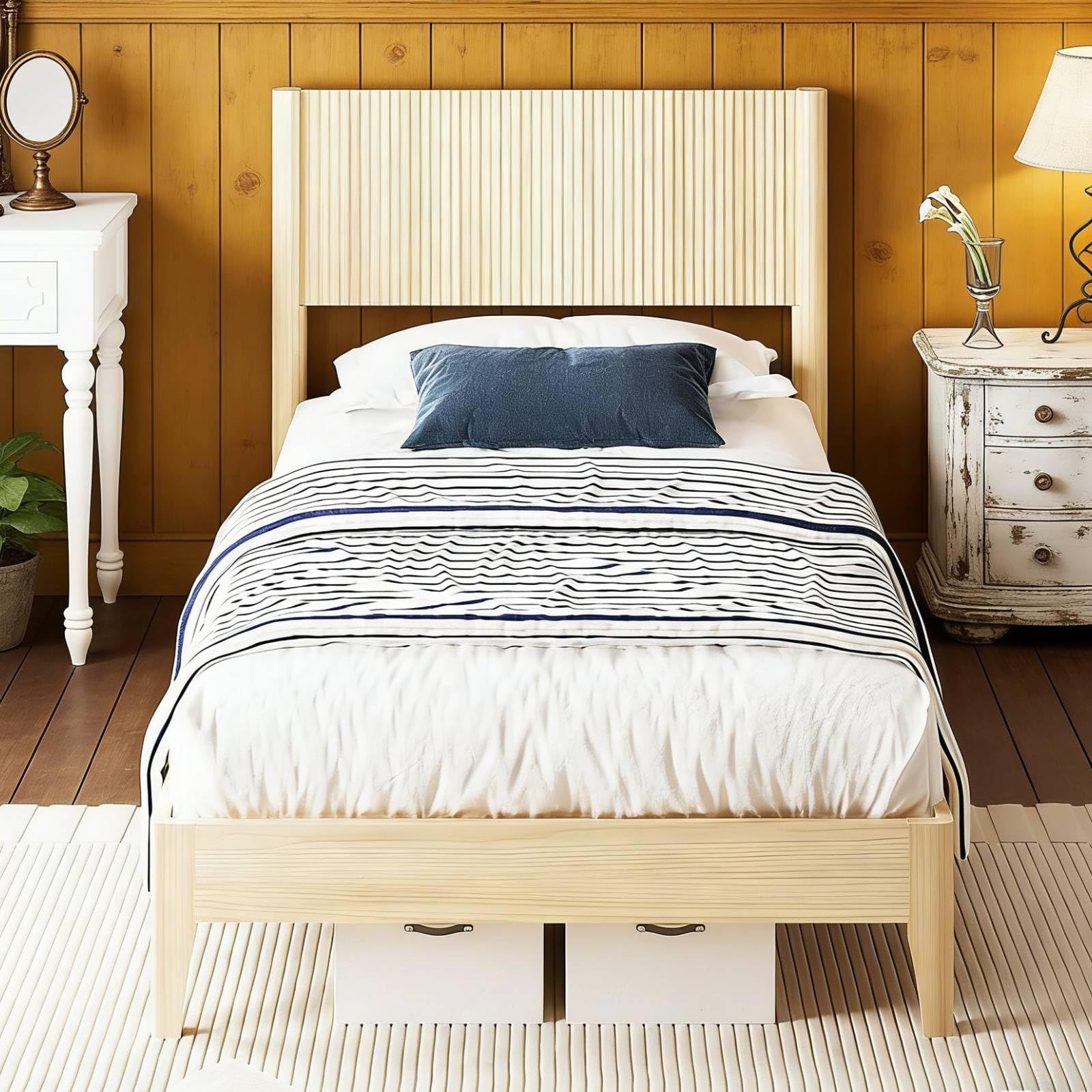 VINGLI Fluted Twin Bed Frame with Headboard, Solid Wood Single Platform Panel Bed with 6 inch Under Bed Storage Space, Sturdy Support for Kids Room,Bedroom,Boho,Mid-Century Modern Style,Natural Wood